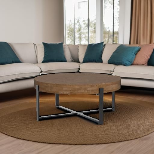 31.29" Splicing Round Coffee Table, Wood Top & Black Legs