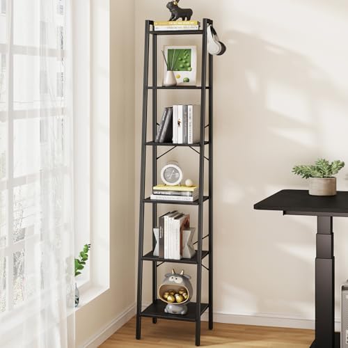 Hzuaneri Ladder Shelf, Bookshelf Bookcase, Freestanding Corner Storage Shelve with 2 Hooks for Home Office, Living Room, Kitchen, Bedroom, Industrial, 11.8" D x 13.4" W x 72.8" H,White Gold BC13313G