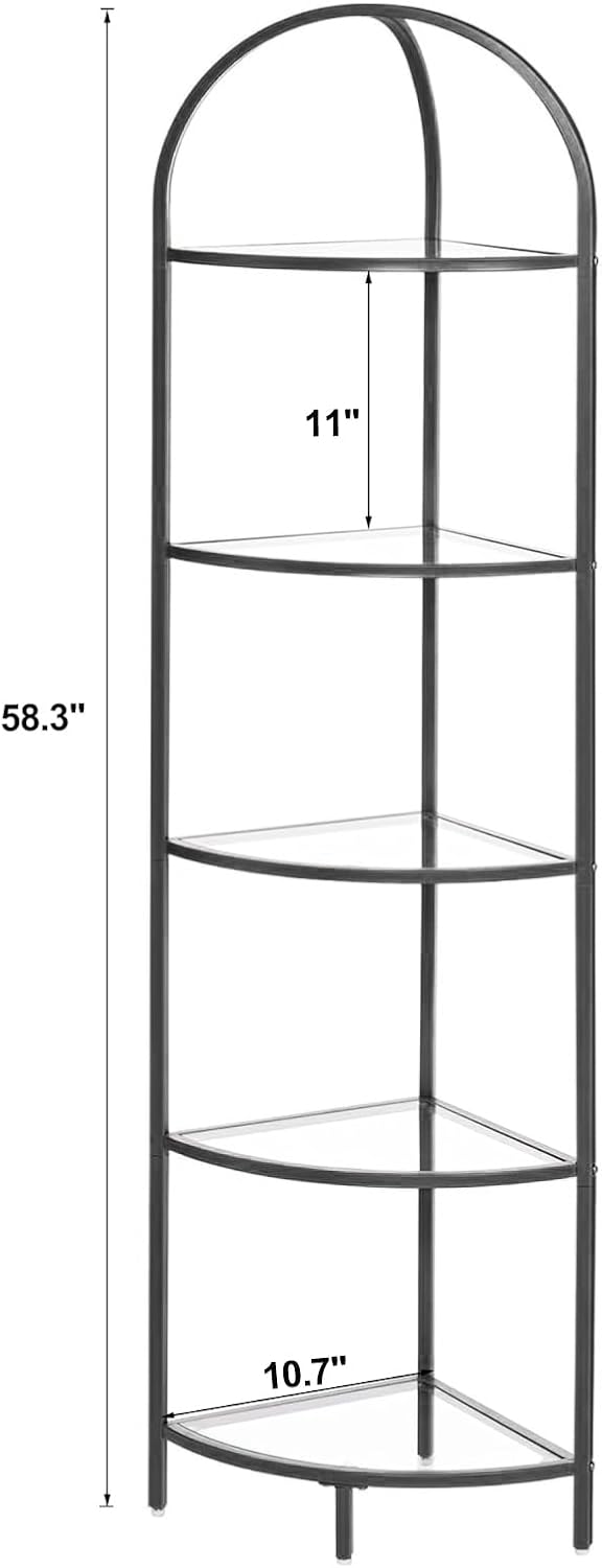 Homhedy 5-Tier Corner Shelf Stand, Metal Corner Bookshelf, Tempered Glass Shelves, Bathroom Storage Rack Shelf, Plant Stand, Modern Style, Black