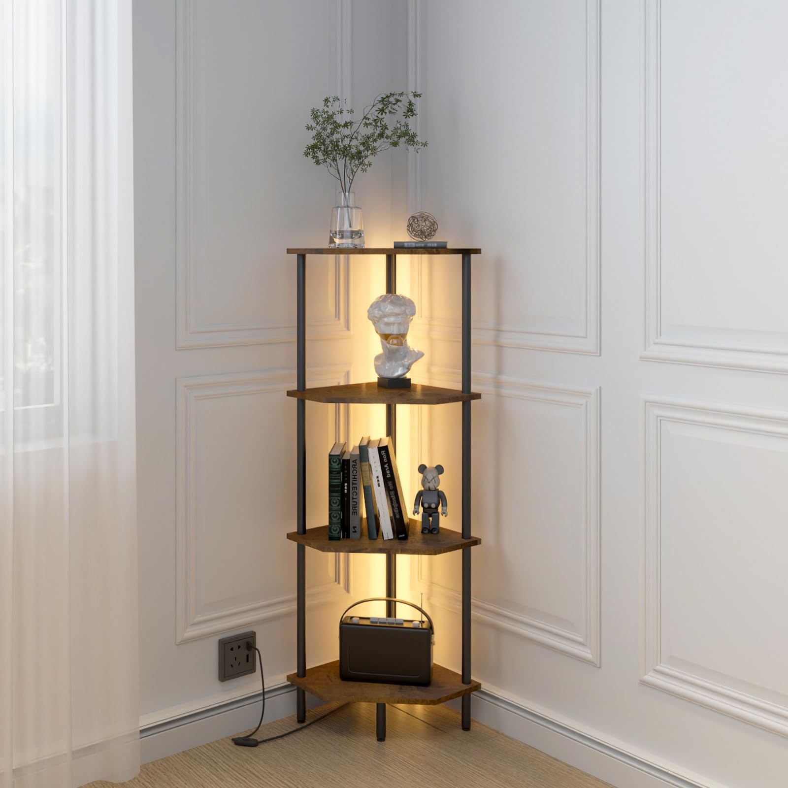 4-Tier LED Corner Shelf, Rustic Brown & Black Multi-Purpose Stand