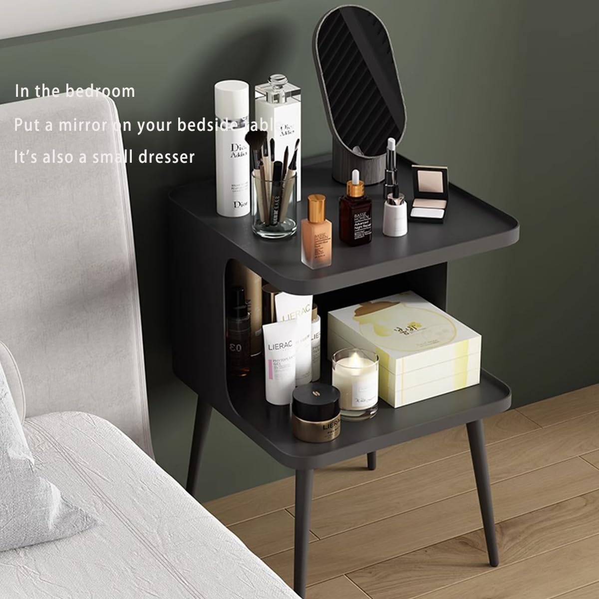 Modern Metal Side Table Nightstand, Small Square End Table for Bedroom & Living Room, Matte Black Bedside Table with Storage, Minimalist Accent Table for Small Spaces