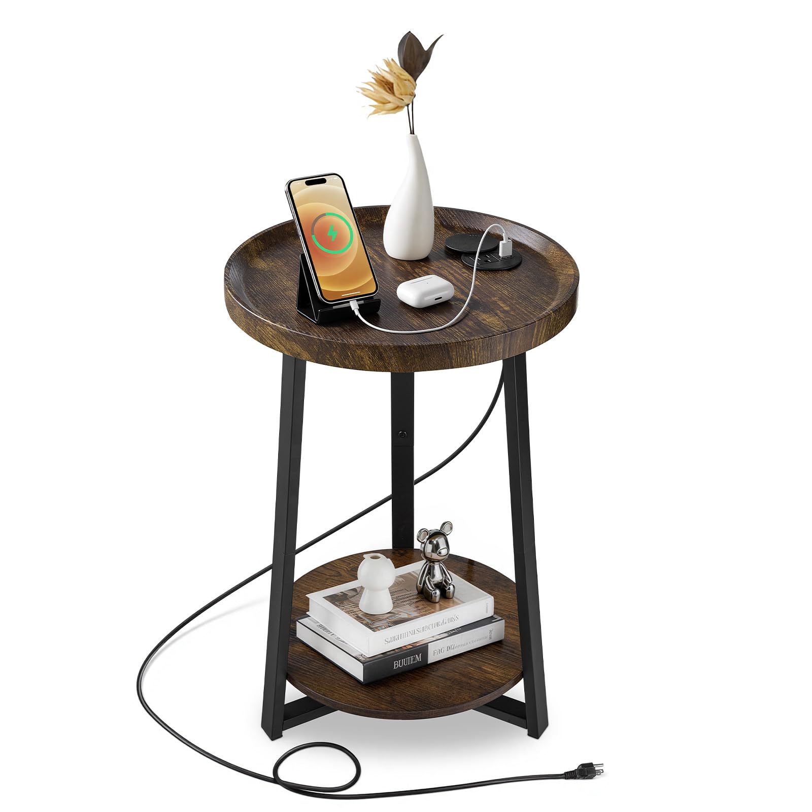 VEVOR End Table 18" Square, 2-Tier Side Table with Open Storage Shelves, Industrial Nightstand Bedside Table with Metal Frame & Wood Top, Small Sofa Table for Living Room, Bedroom, Office, Dorm