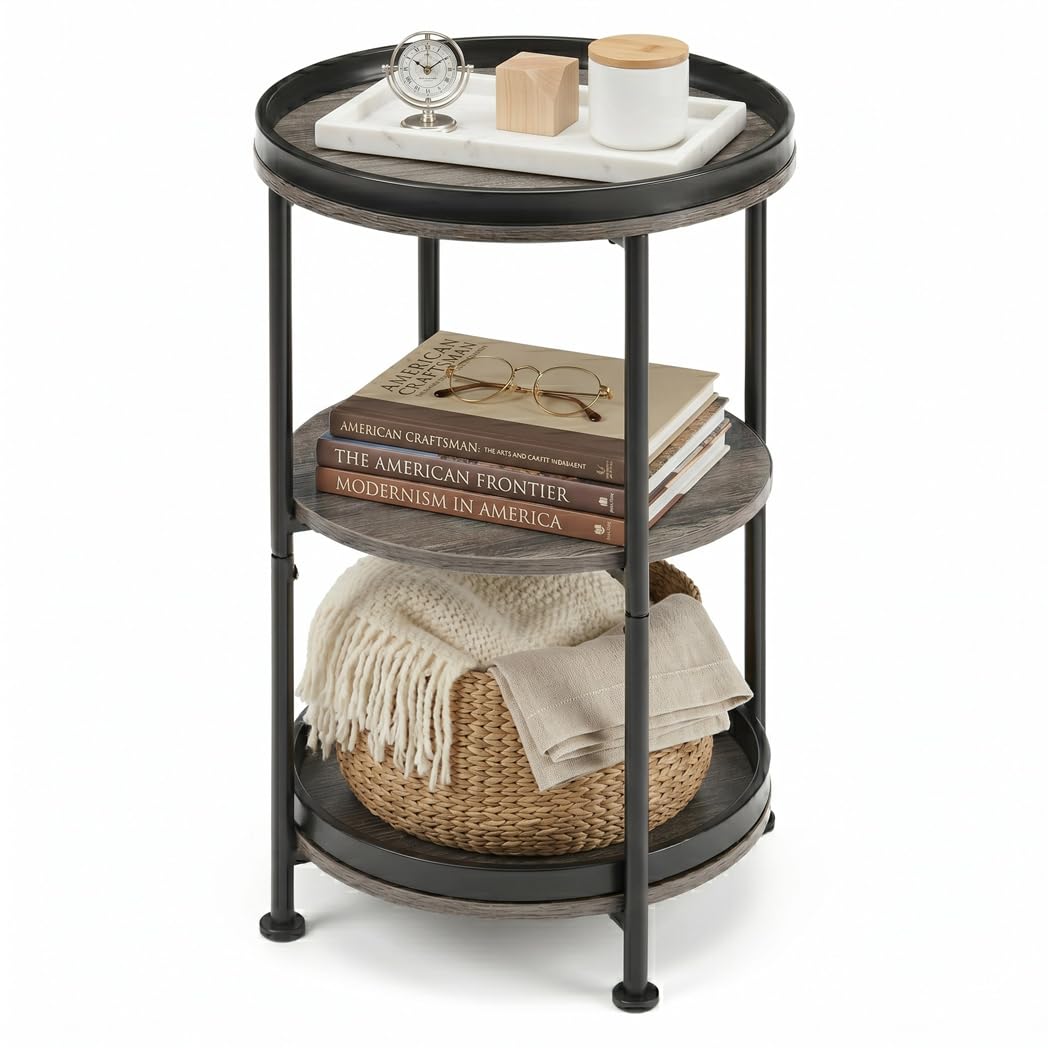 Dulcii Side Table, Round End Table with 3 Storage Shelves for Living Room, Bedroom, Nightstand with Steel Frame for Small Spaces, Industrial Round Sofa Table, Outdoor Accent Coffee Table, Rustic Brown