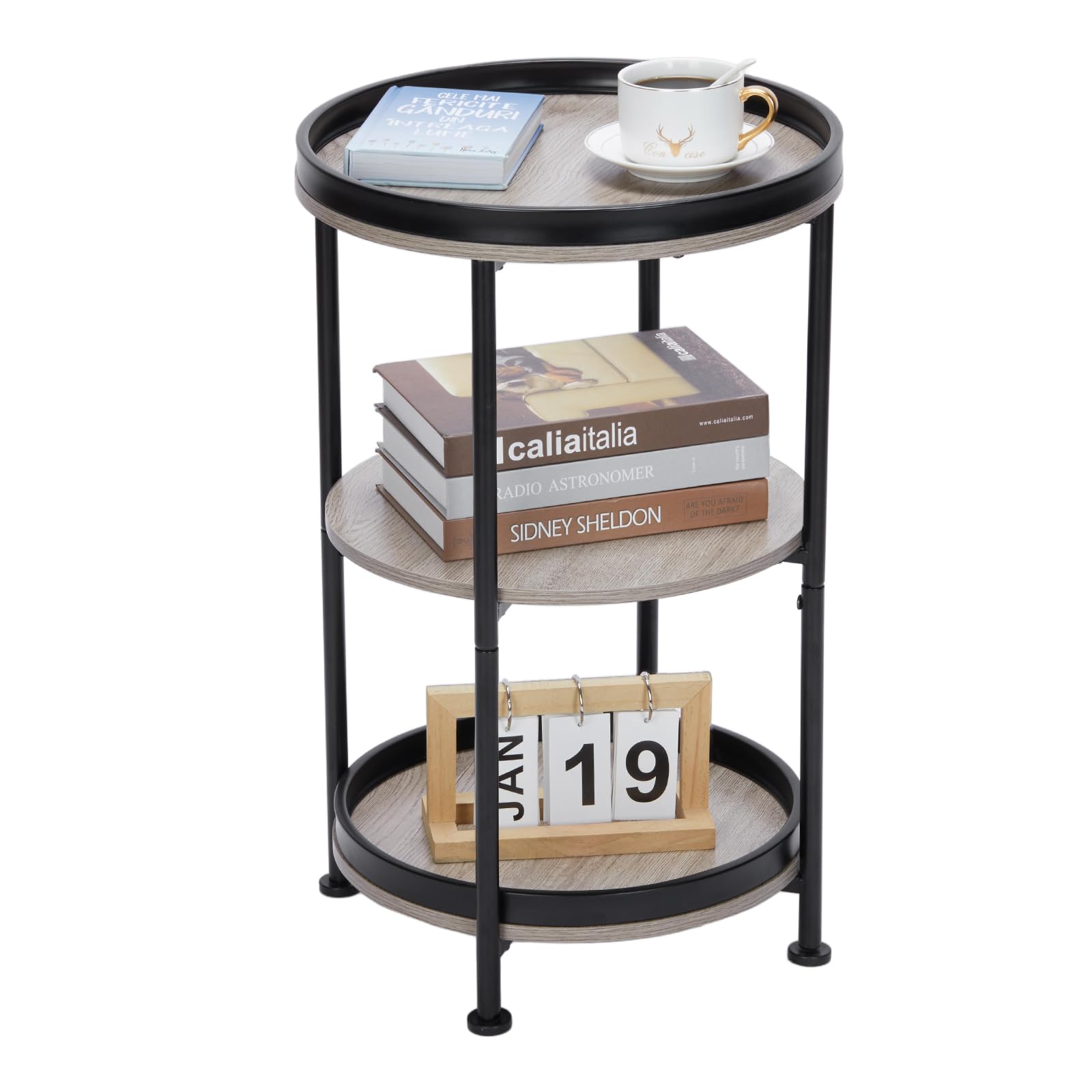 Dulcii Side Table, Round End Table with 3 Storage Shelves for Living Room, Bedroom, Nightstand with Steel Frame for Small Spaces, Industrial Round Sofa Table, Outdoor Accent Coffee Table, Rustic Brown