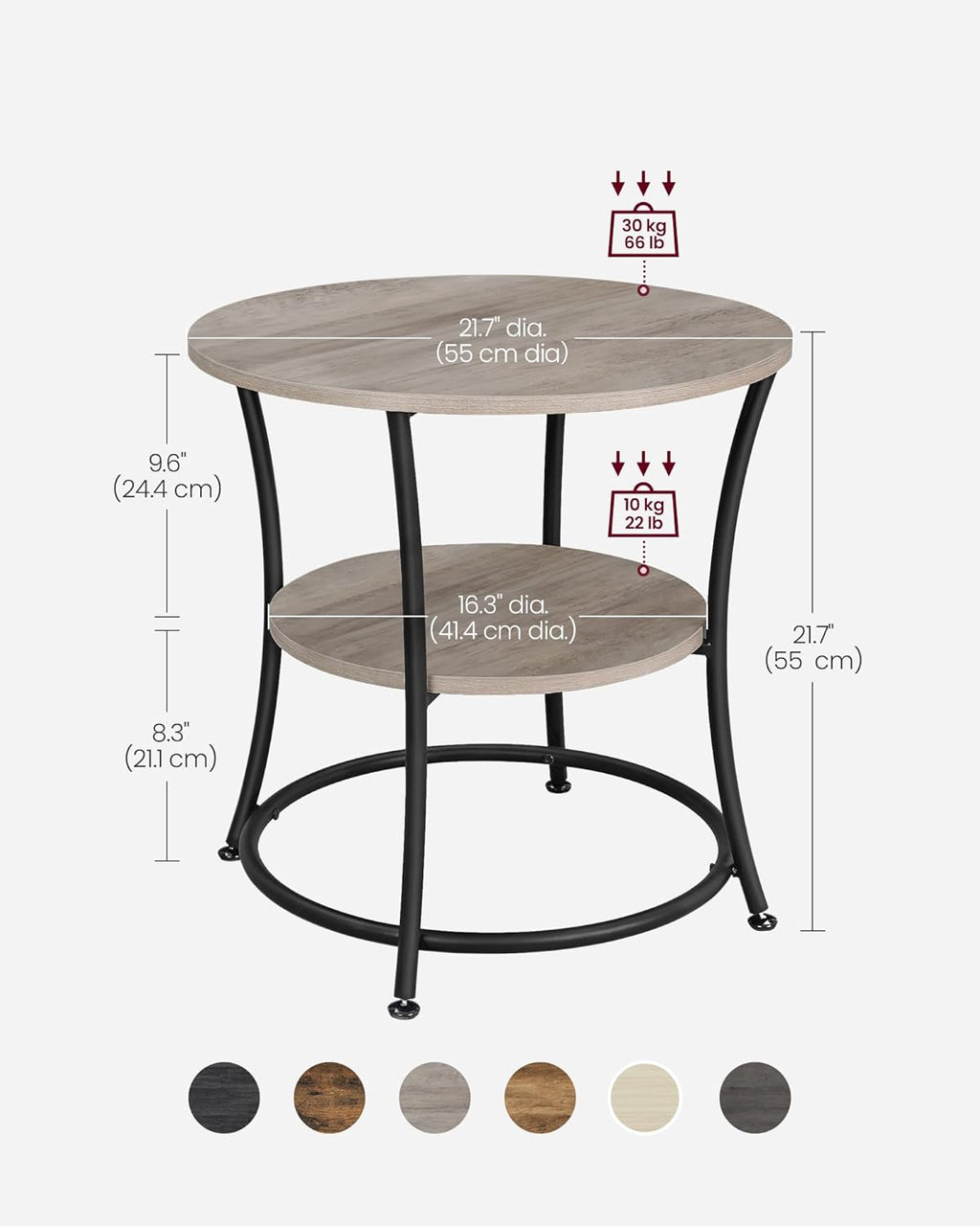 VASAGLE 21.7-Inch Round Side Table, 2-Tier End Table, Nightstand with Steel Frame, Spacious Top, for Small Spaces, Living Room, Bedroom, Heather Greige and Ink Black ULET56BG | 2 Storage Shelves
