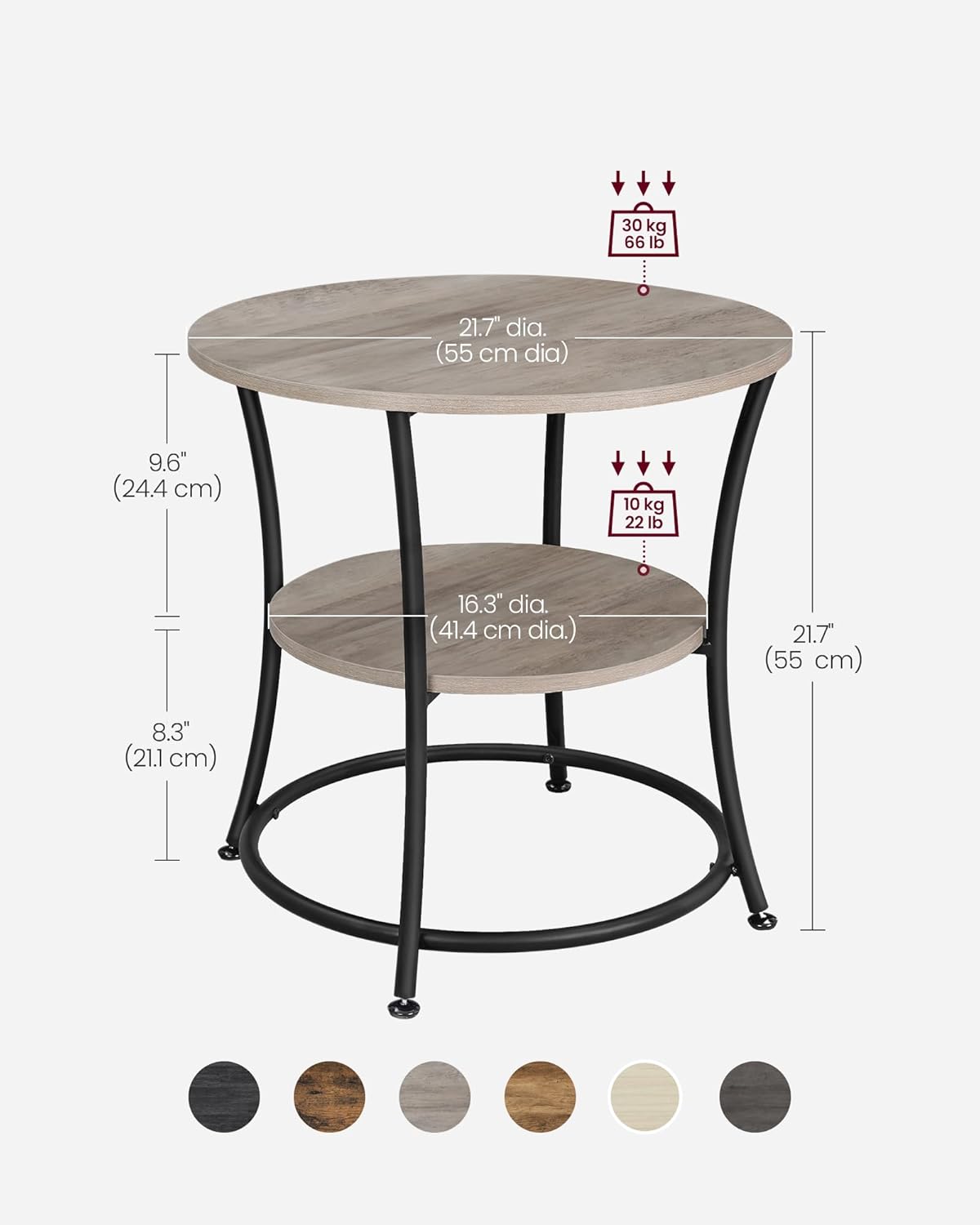 VASAGLE 21.7-Inch Round Side Table, 2-Tier End Table, Nightstand with Steel Frame, Spacious Top, for Small Spaces, Living Room, Bedroom, Heather Greige and Ink Black ULET56BG | 2 Storage Shelves