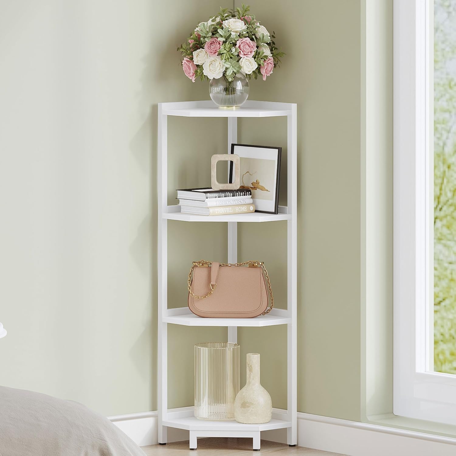 Hzuaneri Corner Shelf Stand, Corner Bookshelf, Storage Standing Shelf Unit with Metal Frame, Plant Stand, Bookcase for Living Room, Home Office, Bedroom, 6-Tier Rustic Brown CS06001B