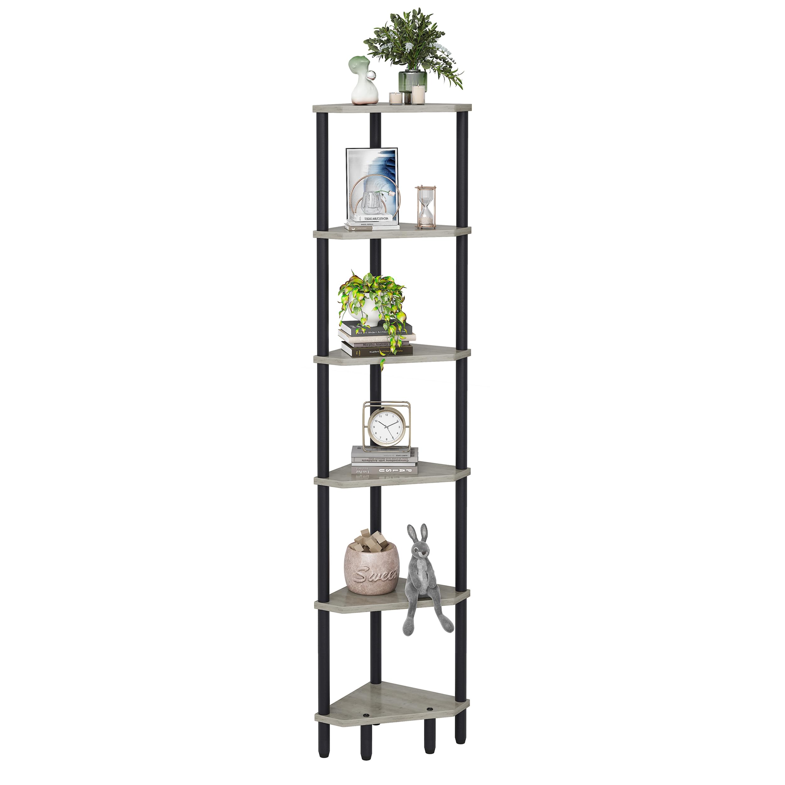 6-Tier Black Corner Shelf, Tall Display Bookshelf & Plant Stand