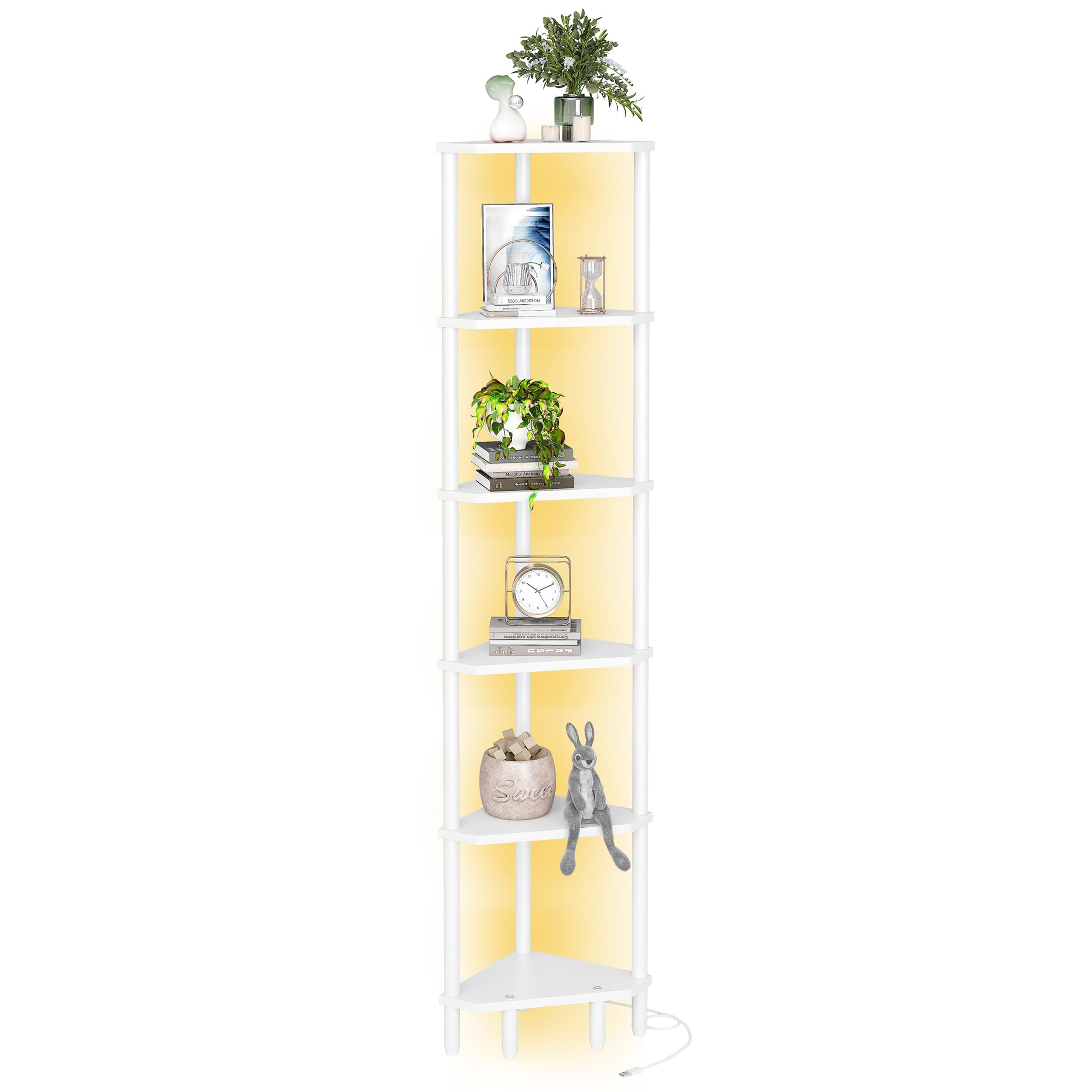 6-Tier Black Corner Shelf, Tall Display Bookshelf & Plant Stand