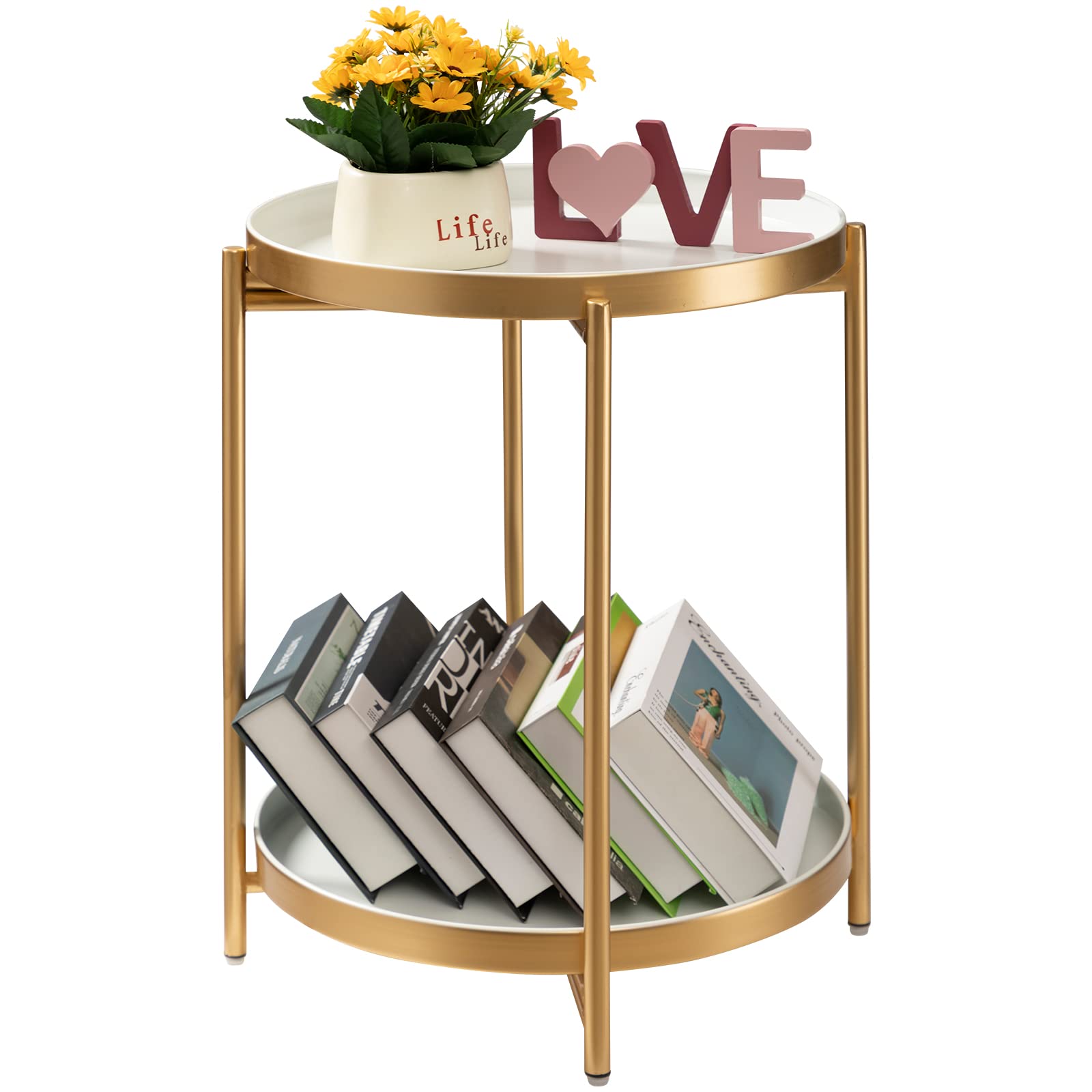 TeoKJ 2 Tier Gold Side Table, Folding Round Metal End Table Small Nightstand with Two Removable Tray for Bedroom Living Room Small Spaces Bedside Gold