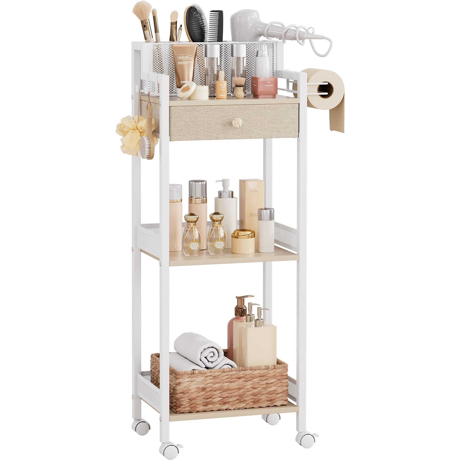 Bathroom Storage and Organizer Shelf Hair Dryer Holder, 9.85in 3-Tier Narrow Metal Standing Rack with Toilet Paper Holder, Corner Stand for Cosmetic, Vanity, Kitchen, Laundry Rustic Brown