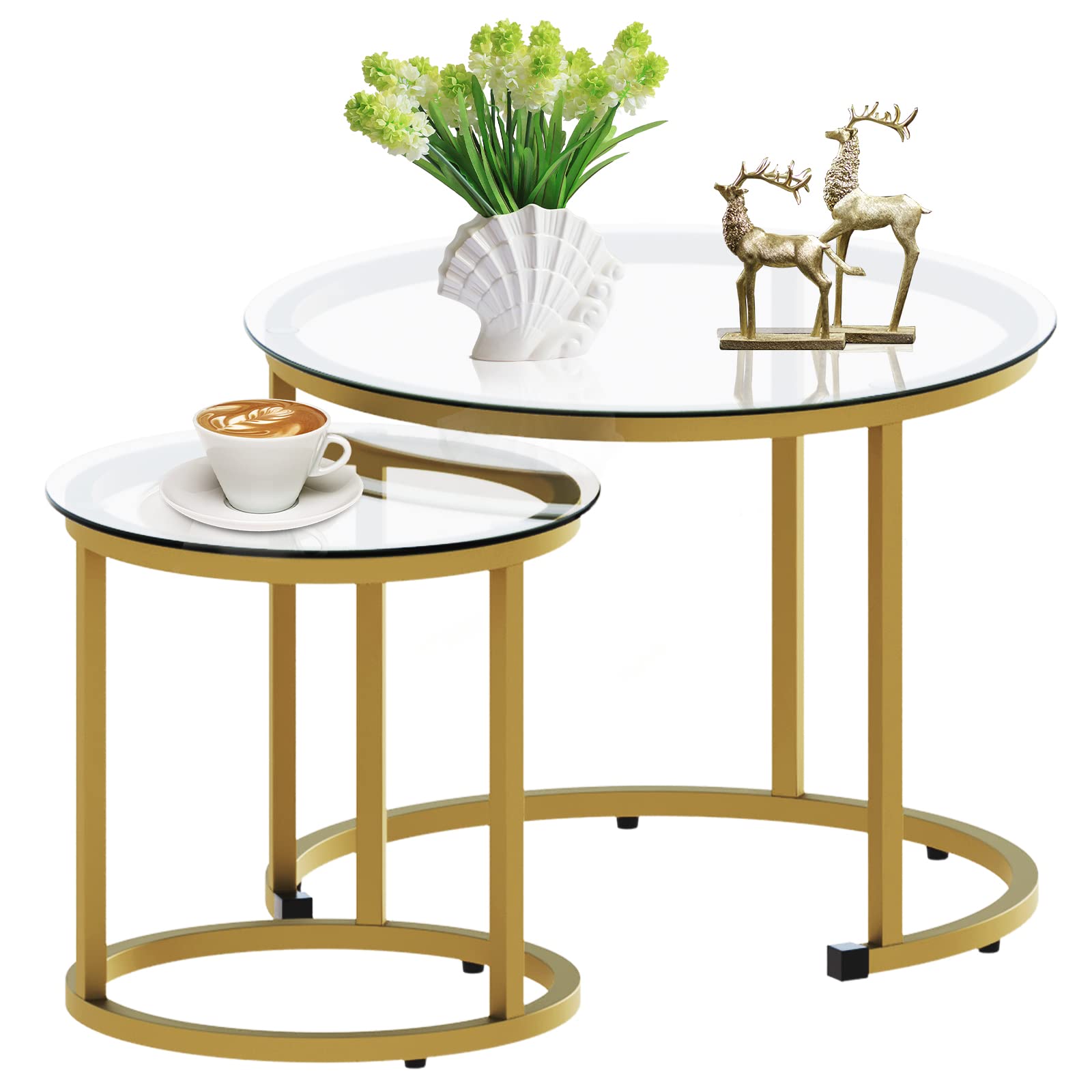 aboxoo Coffee Table Nesting Side Round Set of 2 End Table Top Sturdy Metal Frame Desk Centerpiece Living Room Bedroom Apartment Modern Industrial Simple Nightstand