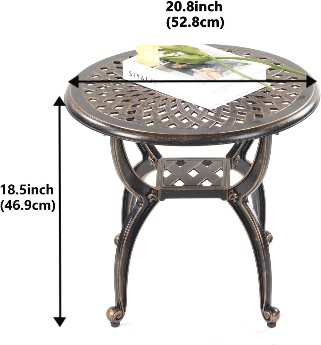 Mandolin Outdoor Patio,Rust -Resistant Cast Aluminum Side Table,Weather Resistant End Table，Coffee Table， Perfect for Patio, Backyard Or Garden. (Aluminum Round, Copper)