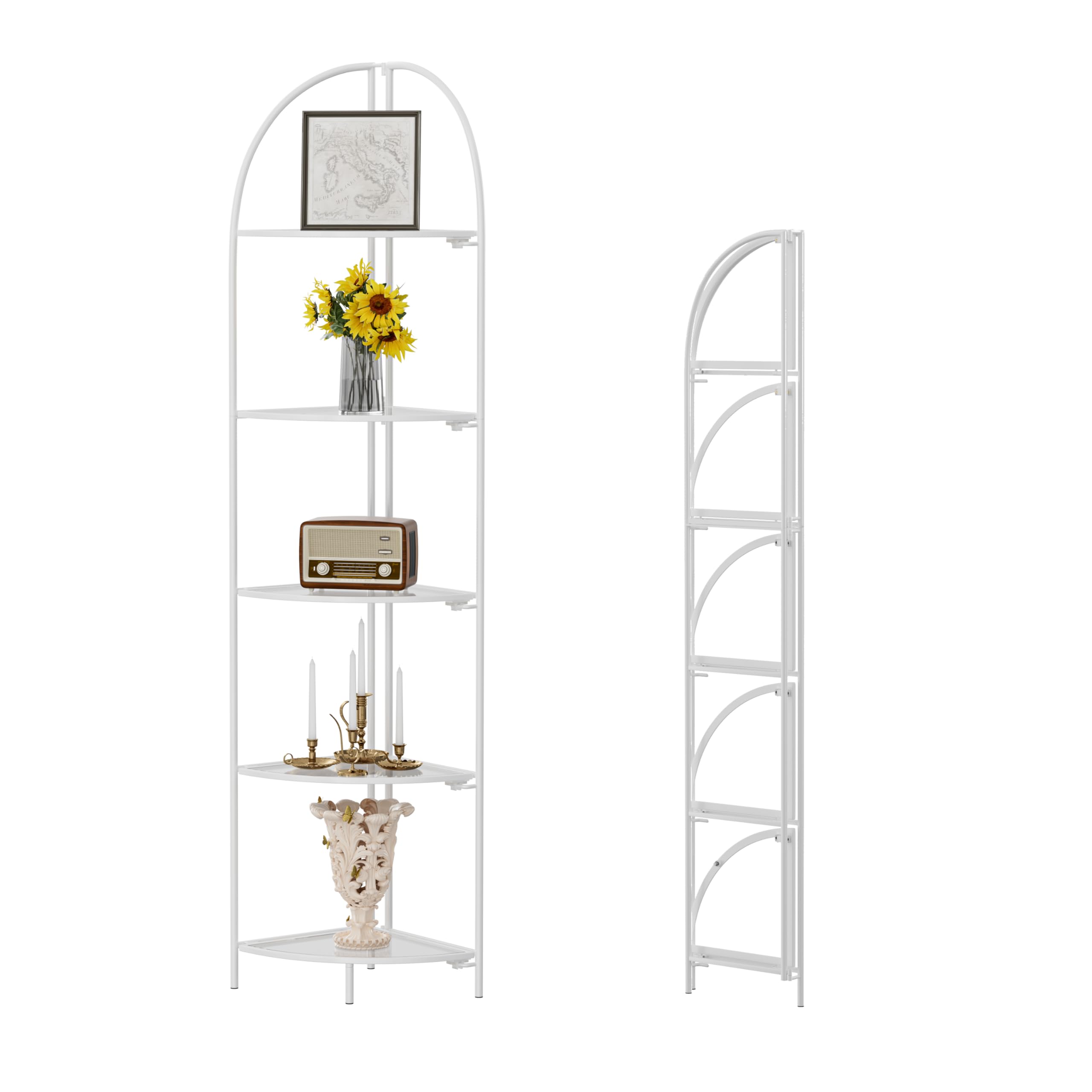 Crofy Foldable 5 Tier Corner Shelf, Metal Corner Plant Stand with Gold Frame and Transparent Shelves, Corner Display Rack Multipurpose Shelving Unit for Living Room, Bedroom, Bathroom