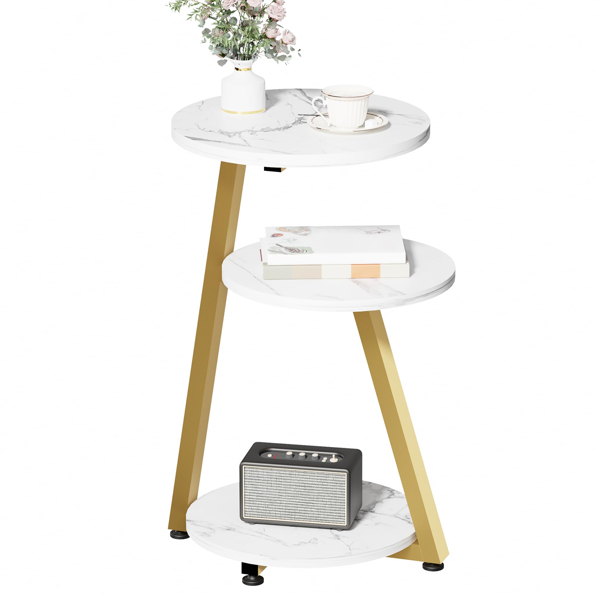 BEWISHOME Round End Table Side Table with Metal Frame, Accent Table Nightstand Bedside Table with 3-Tier Shelves, Small Couch Coffee Table for Living Room Bedroom Greige KTZ41G