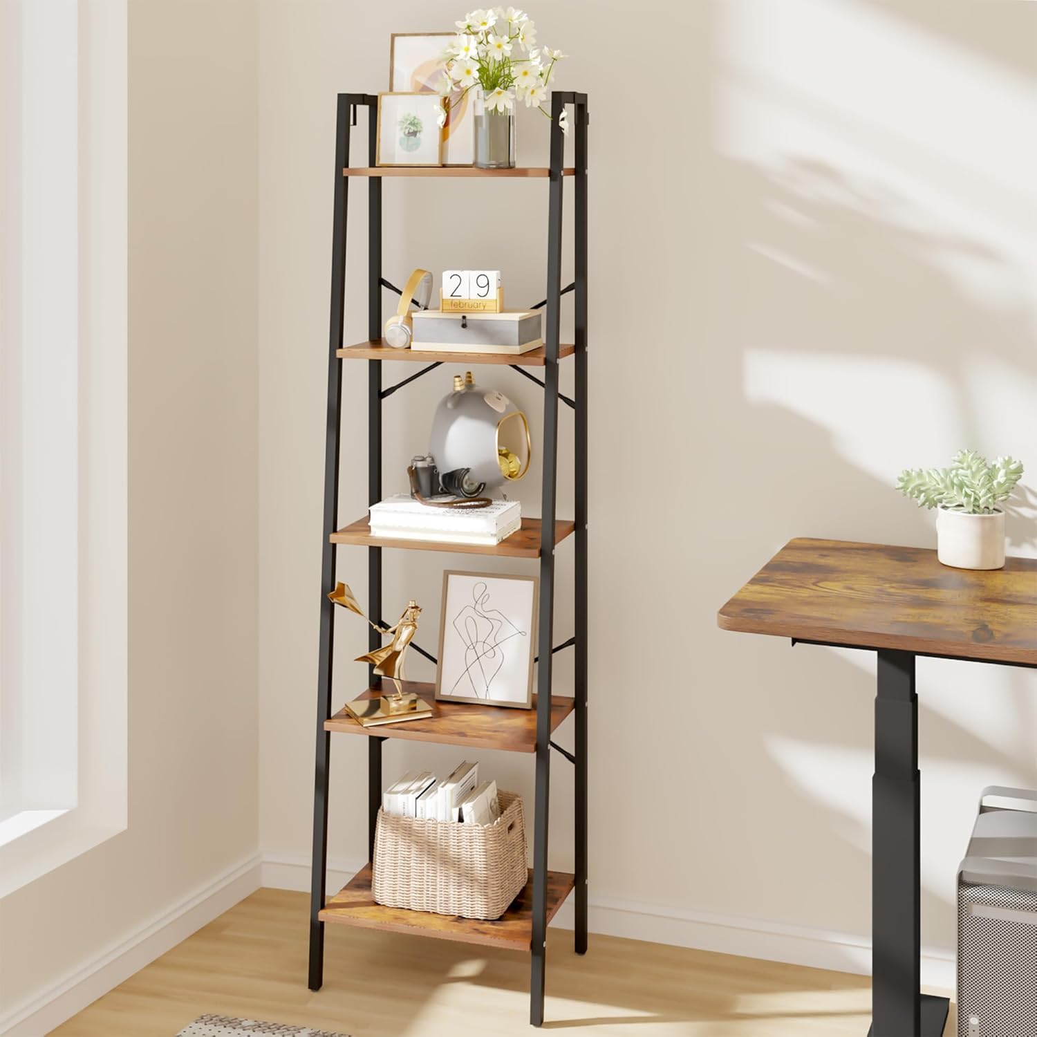 Hzuaneri Ladder Shelf, Bookshelf Bookcase, Freestanding Corner Storage Shelve with 2 Hooks for Home Office, Living Room, Kitchen, Bedroom, Industrial, 11.8" D x 13.4" W x 72.8" H,White Gold BC13313G