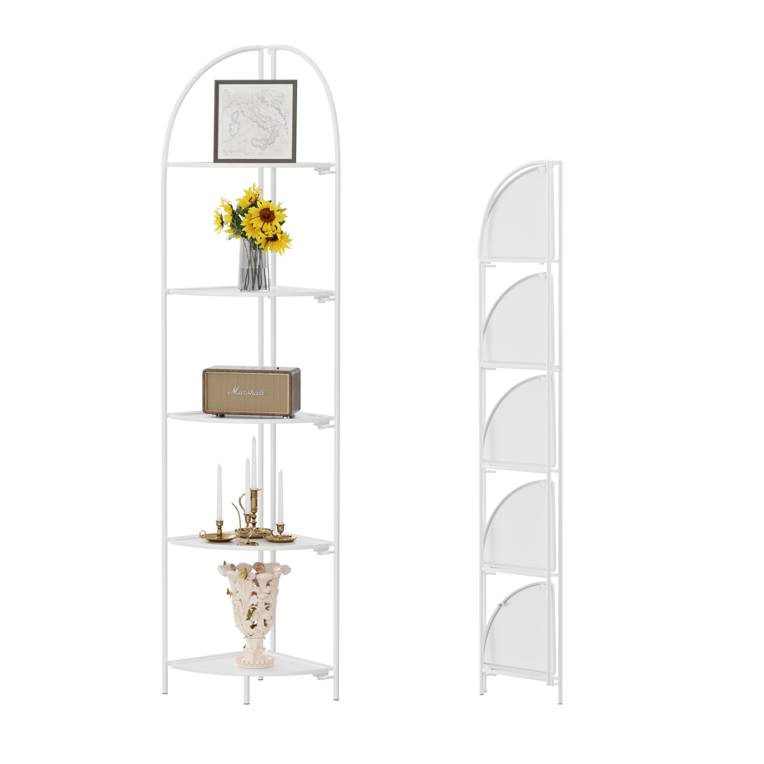 Crofy Foldable 5 Tier Corner Shelf, Metal Corner Plant Stand with Gold Frame and Transparent Shelves, Corner Display Rack Multipurpose Shelving Unit for Living Room, Bedroom, Bathroom