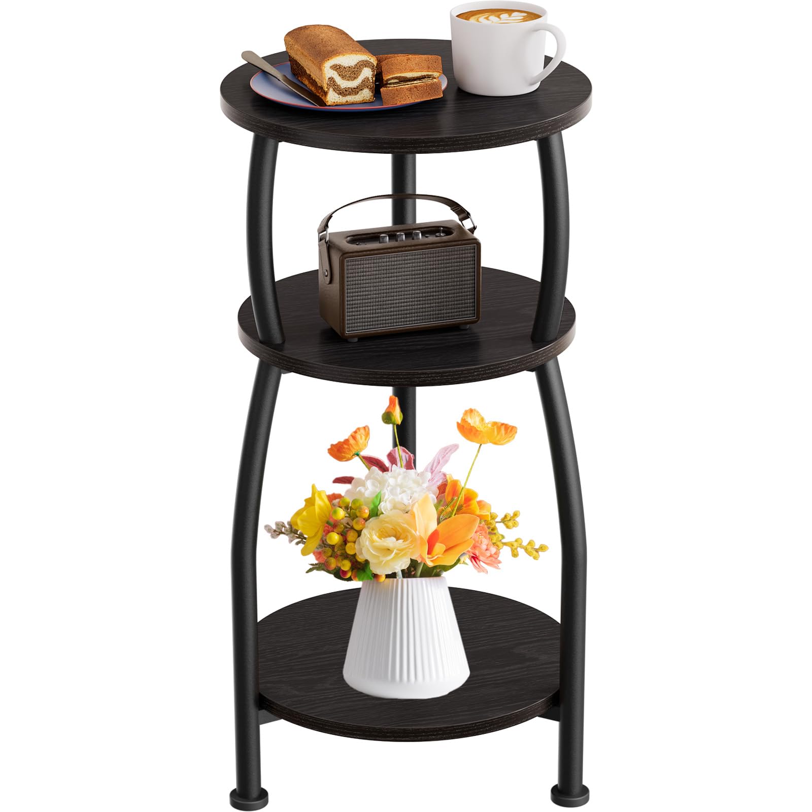 Small Round Side Table, 3-Tier End Table with Storage Shelf, Slim Sofa Table Coffee Table, Sturdy & Easy Assemble Nightstand for Small Spaces, Living Room Bedroom Corner, Grey