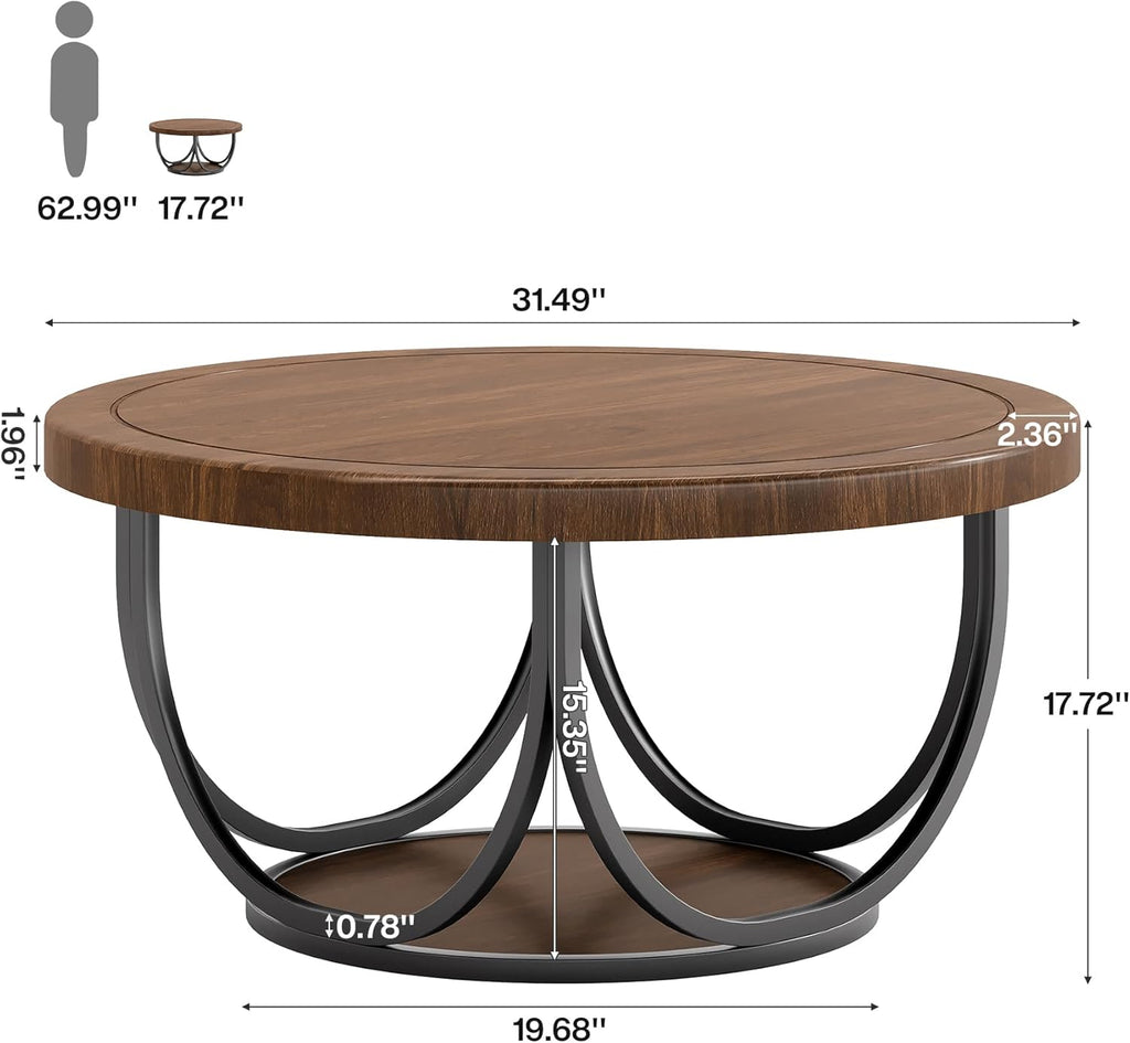 Tribesigns Round Coffee Table with 2 Tiers, 31.5" Wooden Circle Accent Cocktail Table with Storage Shelf and Metal Frame, Industrial Center Tables for Living Room, Brown & Black