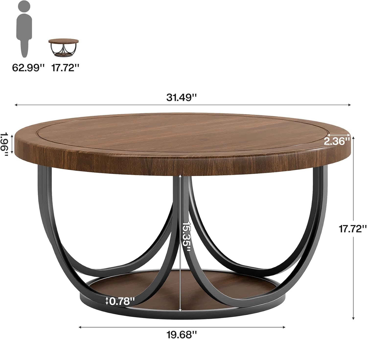 Tribesigns Round Coffee Table with 2 Tiers, 31.5" Wooden Circle Accent Cocktail Table with Storage Shelf and Metal Frame, Industrial Center Tables for Living Room, Brown & Black