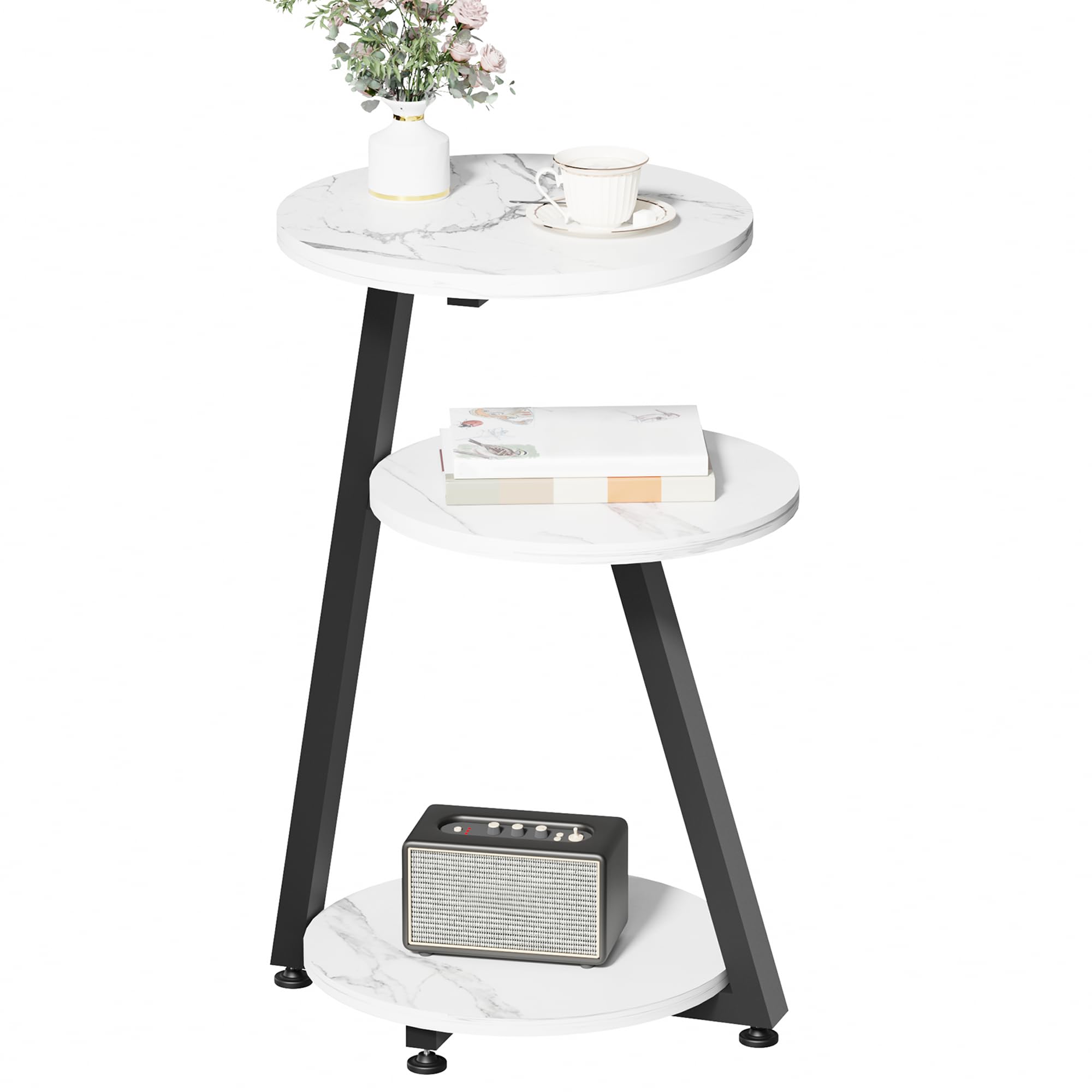 BEWISHOME Round End Table Side Table with Metal Frame, Accent Table Nightstand Bedside Table with 3-Tier Shelves, Small Couch Coffee Table for Living Room Bedroom Greige KTZ41G