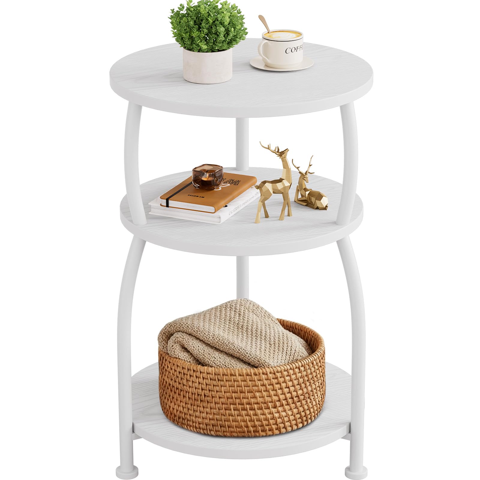 Small Round Side Table, 3-Tier End Table with Storage Shelf, Slim Sofa Table Coffee Table, Sturdy & Easy Assemble Nightstand for Small Spaces, Living Room Bedroom Corner, Grey