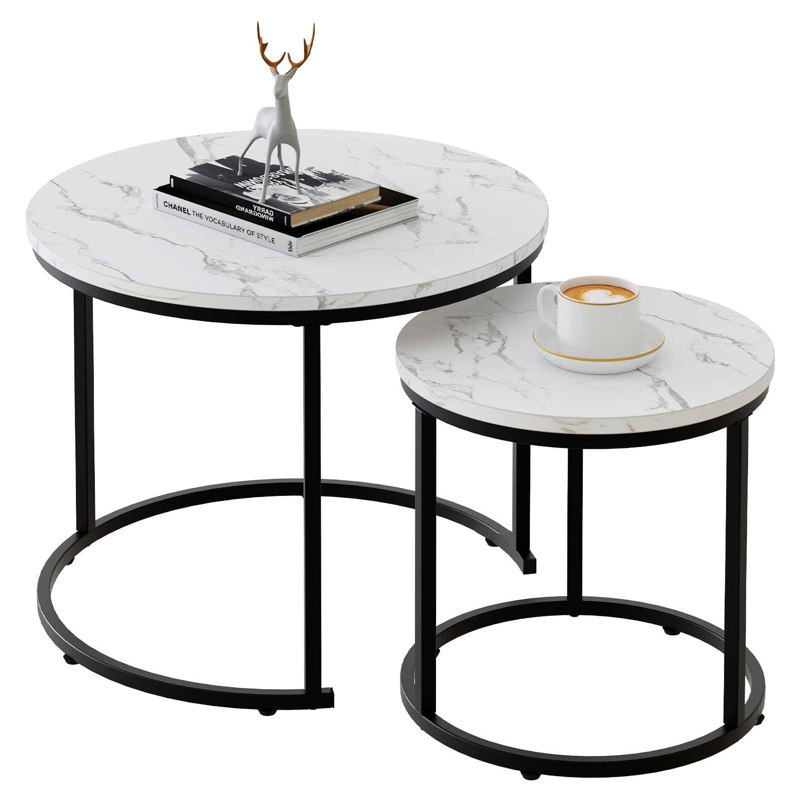 aboxoo Coffee Table Nesting Side Round Set of 2 End Table Top Sturdy Metal Frame Desk Centerpiece Living Room Bedroom Apartment Modern Industrial Simple Nightstand