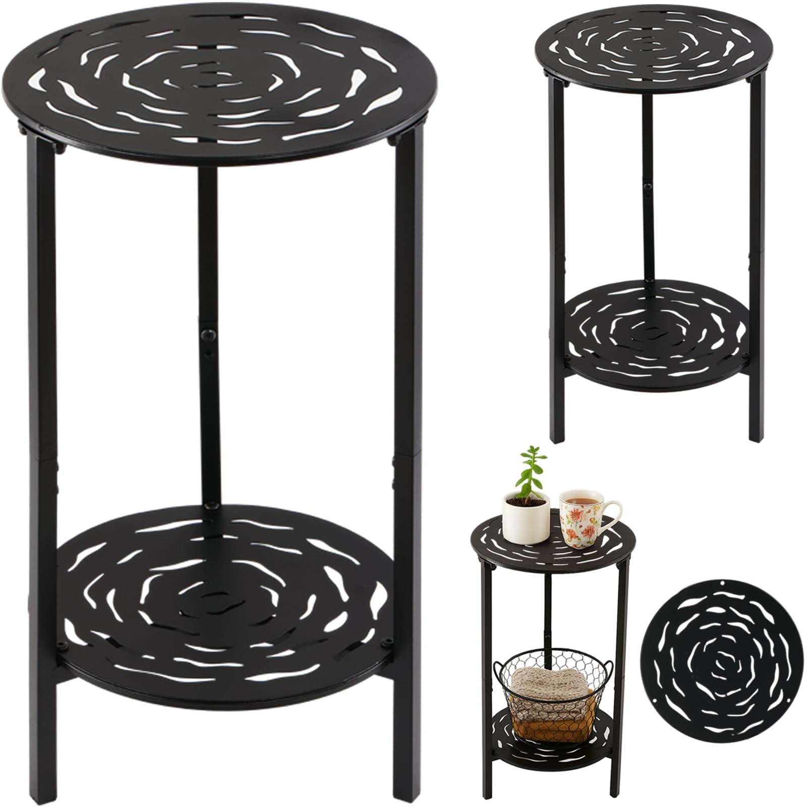 2-Tier Metal Round Side Table Black Accent Coffee Tables Small Space Corner Plant Stand Shelf for Indoor Outdoor Use Patio Balcony End Table Laser-Cut Floral Pattern Weather-Resistant