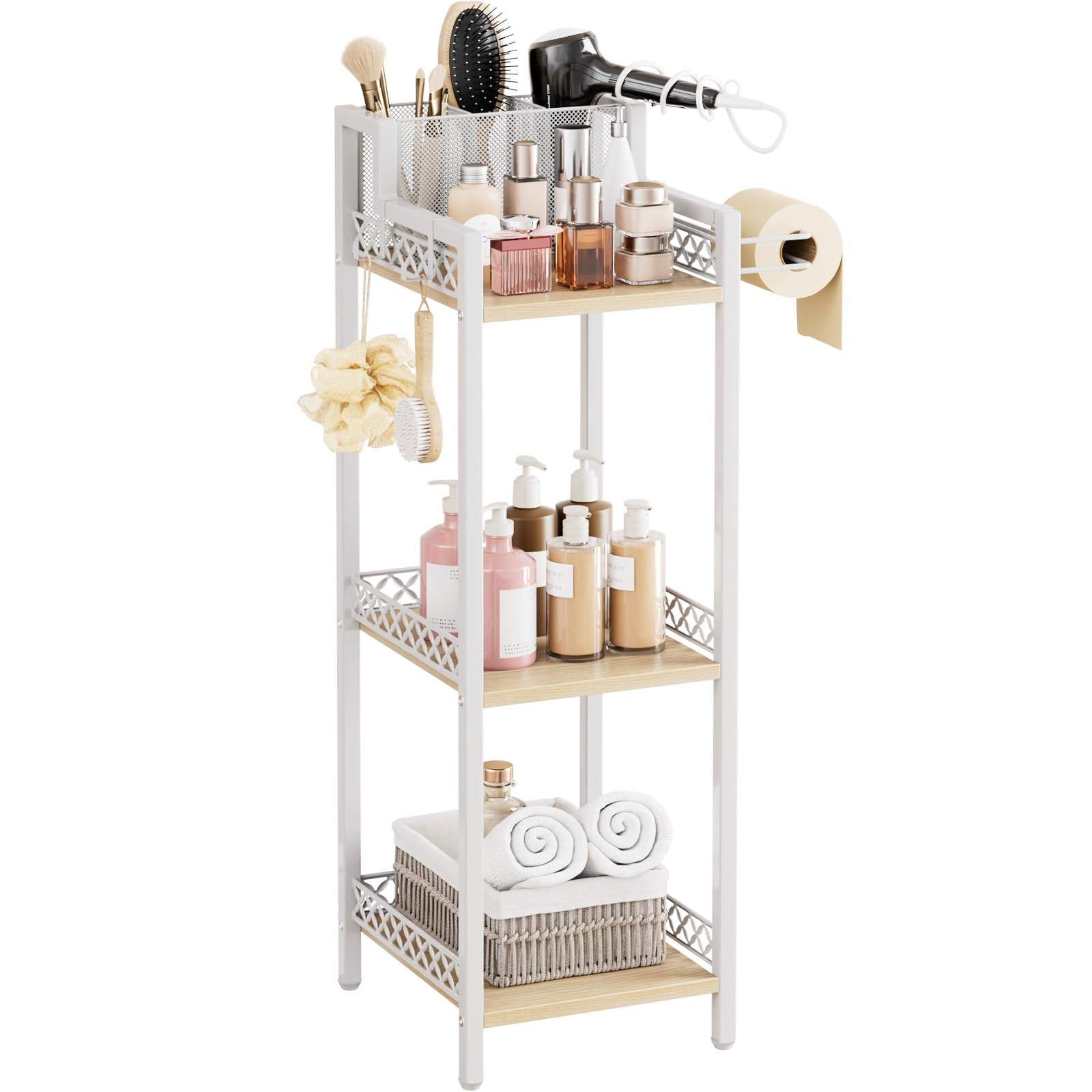 Bathroom Storage and Organizer Shelf Hair Dryer Holder, 9.85in 3-Tier Narrow Metal Standing Rack with Toilet Paper Holder, Corner Stand for Cosmetic, Vanity, Kitchen, Laundry Rustic Brown