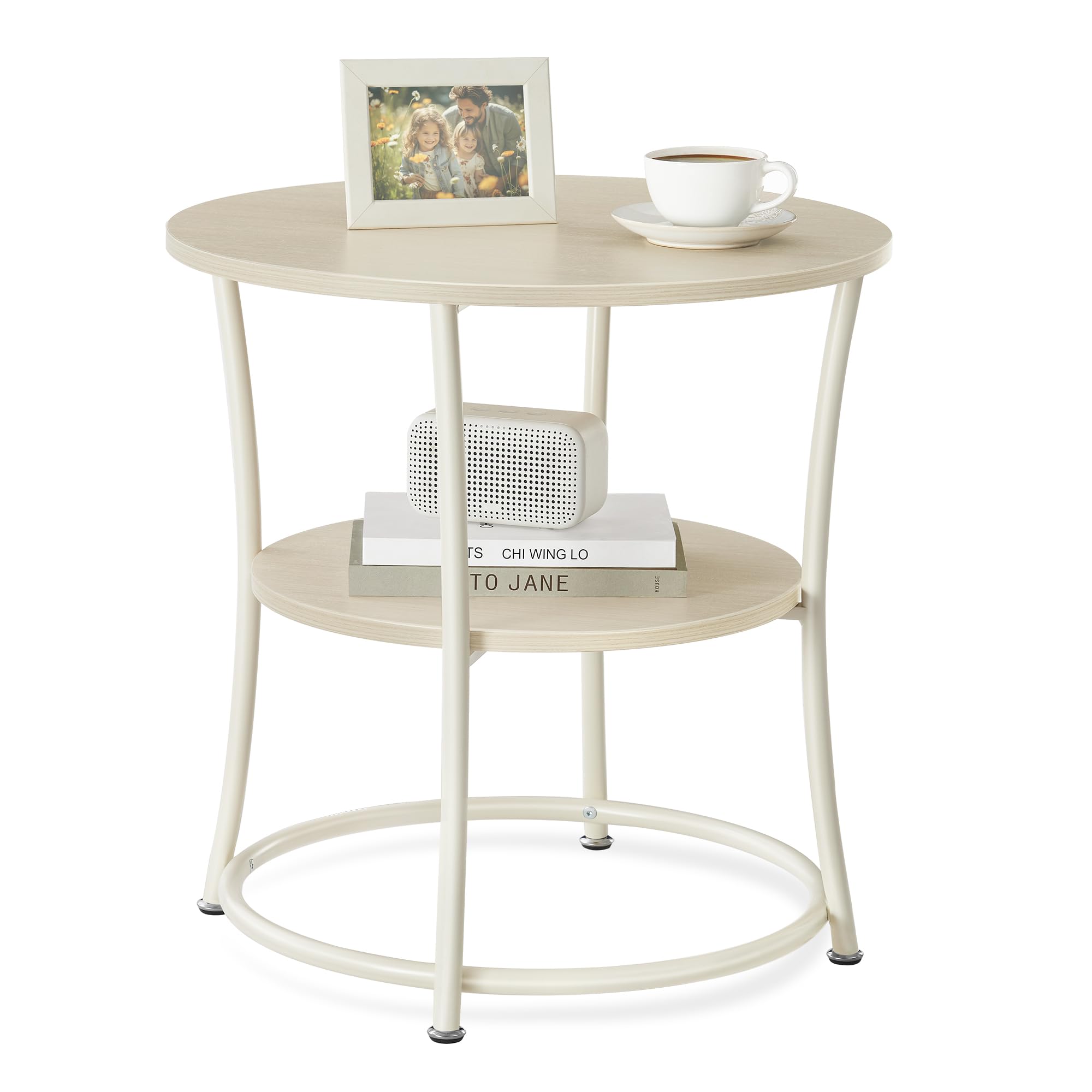VASAGLE 21.7-Inch Round Side Table, 2-Tier End Table, Nightstand with Steel Frame, Spacious Top, for Small Spaces, Living Room, Bedroom, Heather Greige and Ink Black ULET56BG | 2 Storage Shelves