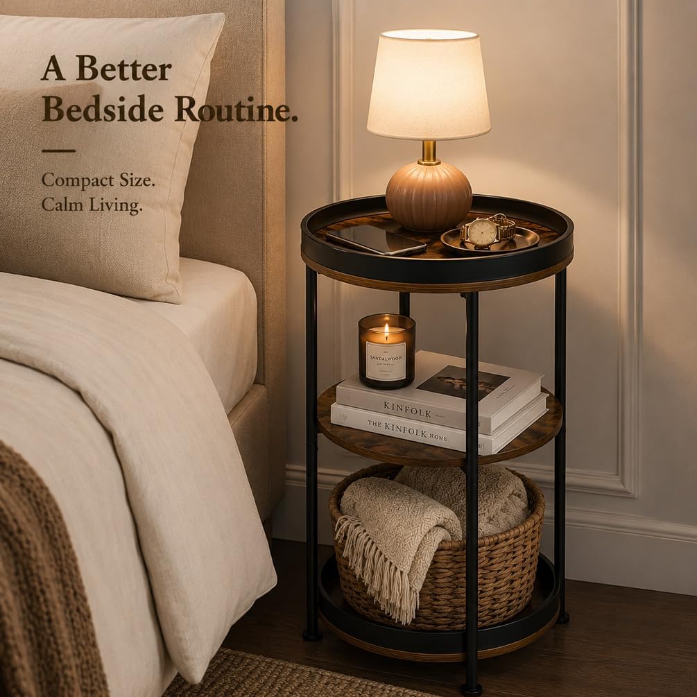Dulcii Side Table, Round End Table with 3 Storage Shelves for Living Room, Bedroom, Nightstand with Steel Frame for Small Spaces, Industrial Round Sofa Table, Outdoor Accent Coffee Table, Rustic Brown