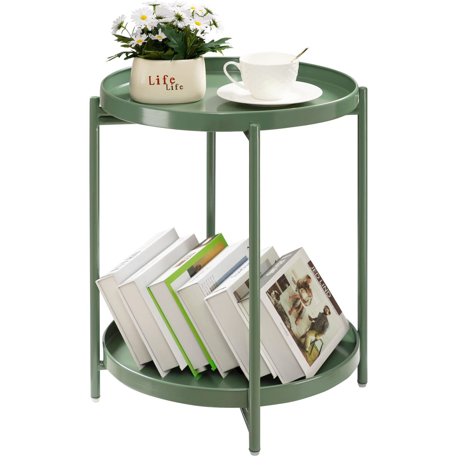 TeoKJ 2 Tier Gold Side Table, Folding Round Metal End Table Small Nightstand with Two Removable Tray for Bedroom Living Room Small Spaces Bedside Gold