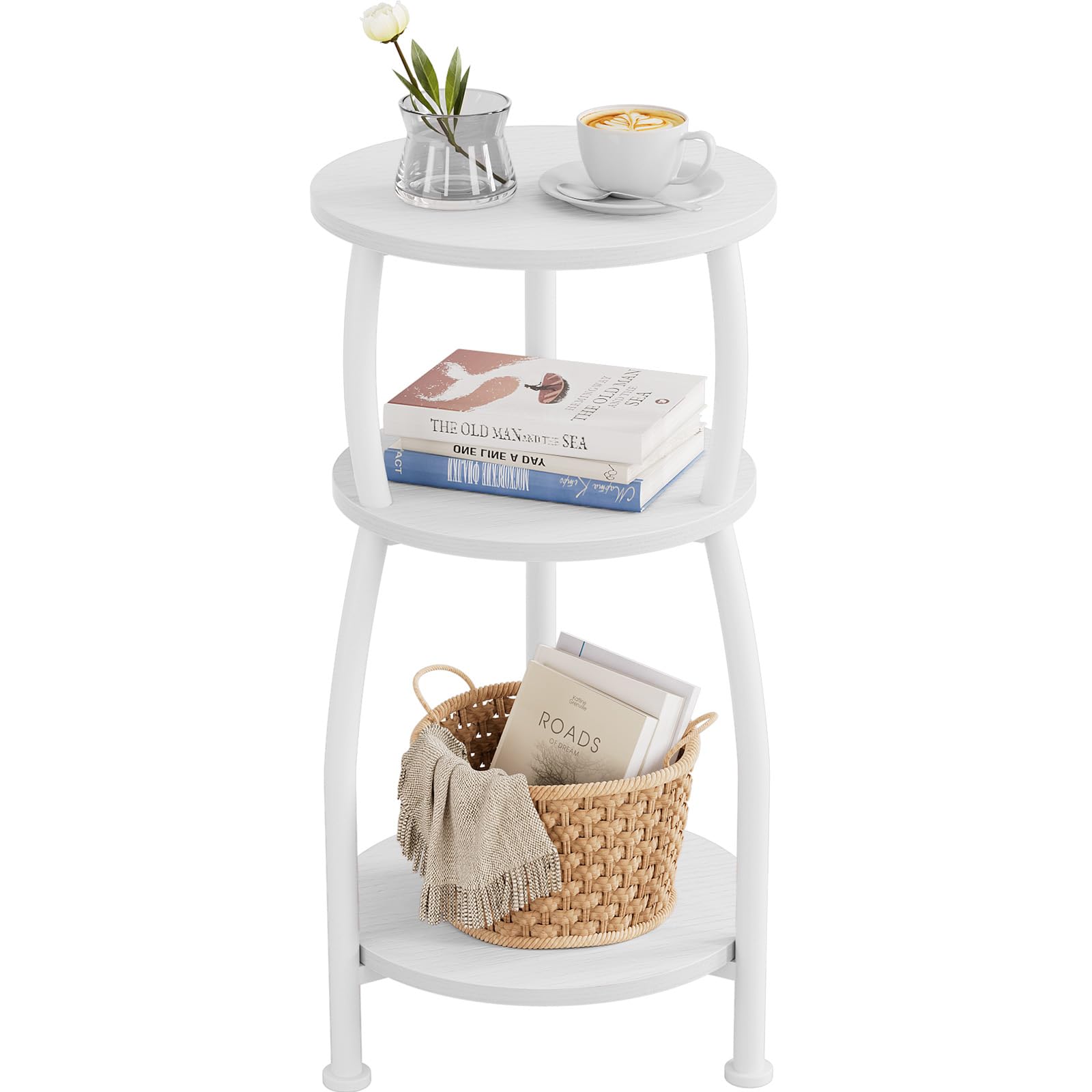 Small Round Side Table, 3-Tier End Table with Storage Shelf, Slim Sofa Table Coffee Table, Sturdy & Easy Assemble Nightstand for Small Spaces, Living Room Bedroom Corner, Grey