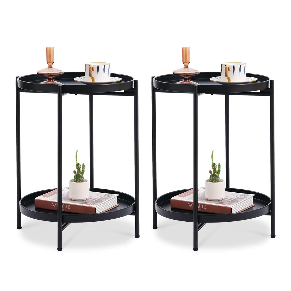 Tiita Round End Table Mental 2-Tier Side Table Nightstand/Small Iron Tables Accent Coffee Table for Living Room Bedroom Office Small Space