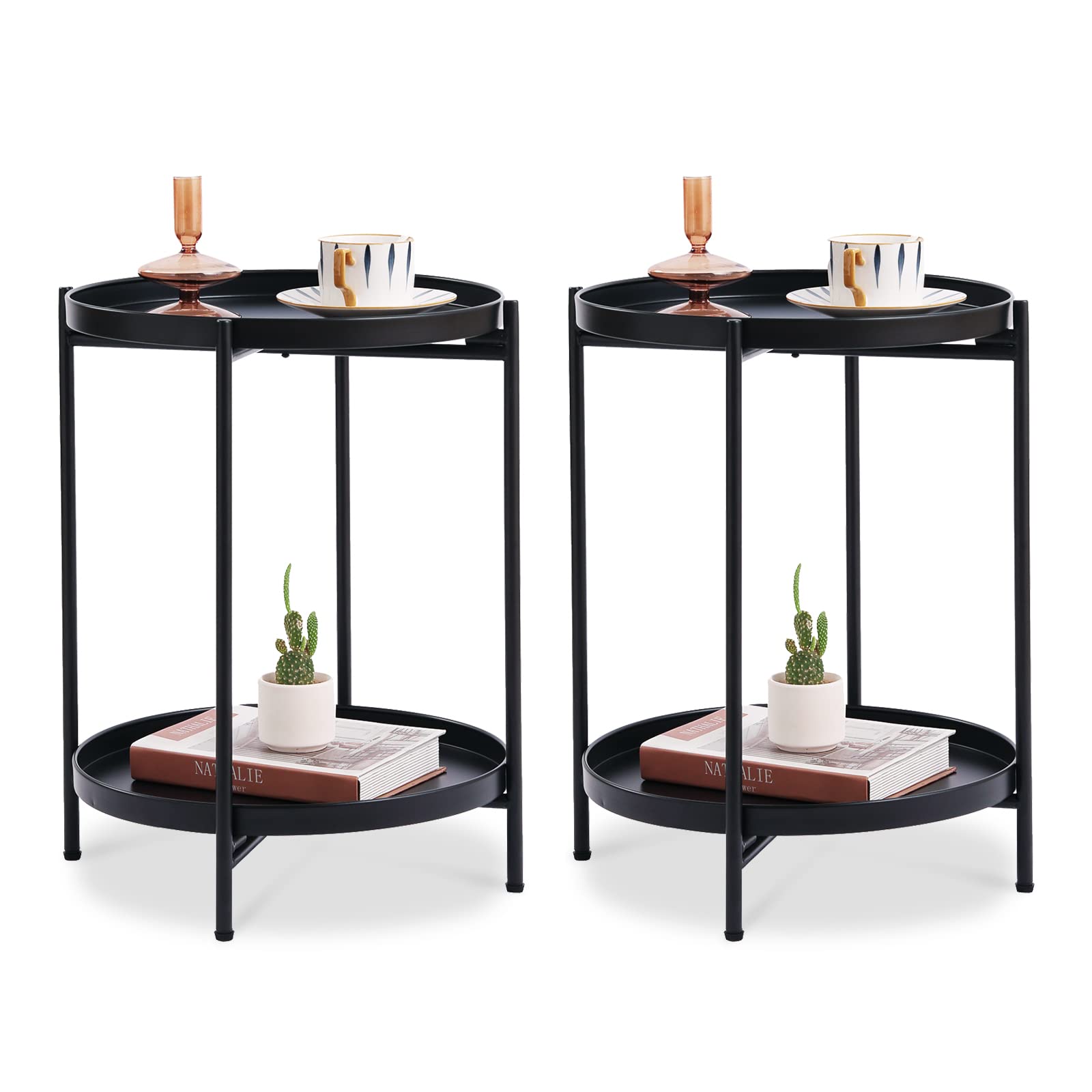 Tiita Round End Table Mental 2-Tier Side Table Nightstand/Small Iron Tables Accent Coffee Table for Living Room Bedroom Office Small Space