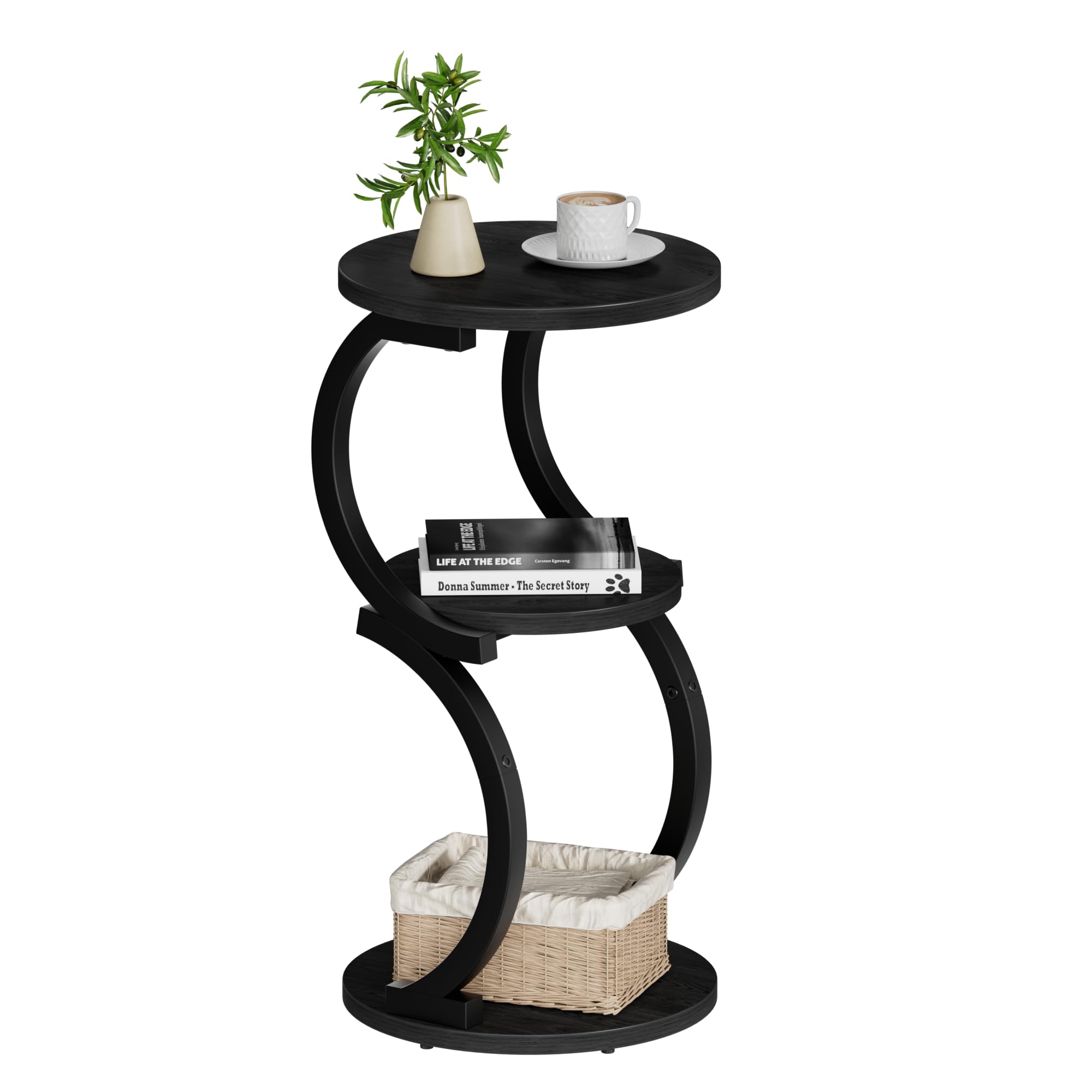 Small Side Table, 3-Tier Round End Table for Living Room, S-Shaped Accent Table for Small Spaces Sofa Couch Bedroom, Vintage Nightstand Wood Metal Coffee Table with Storage Shelf, Rustic Brown