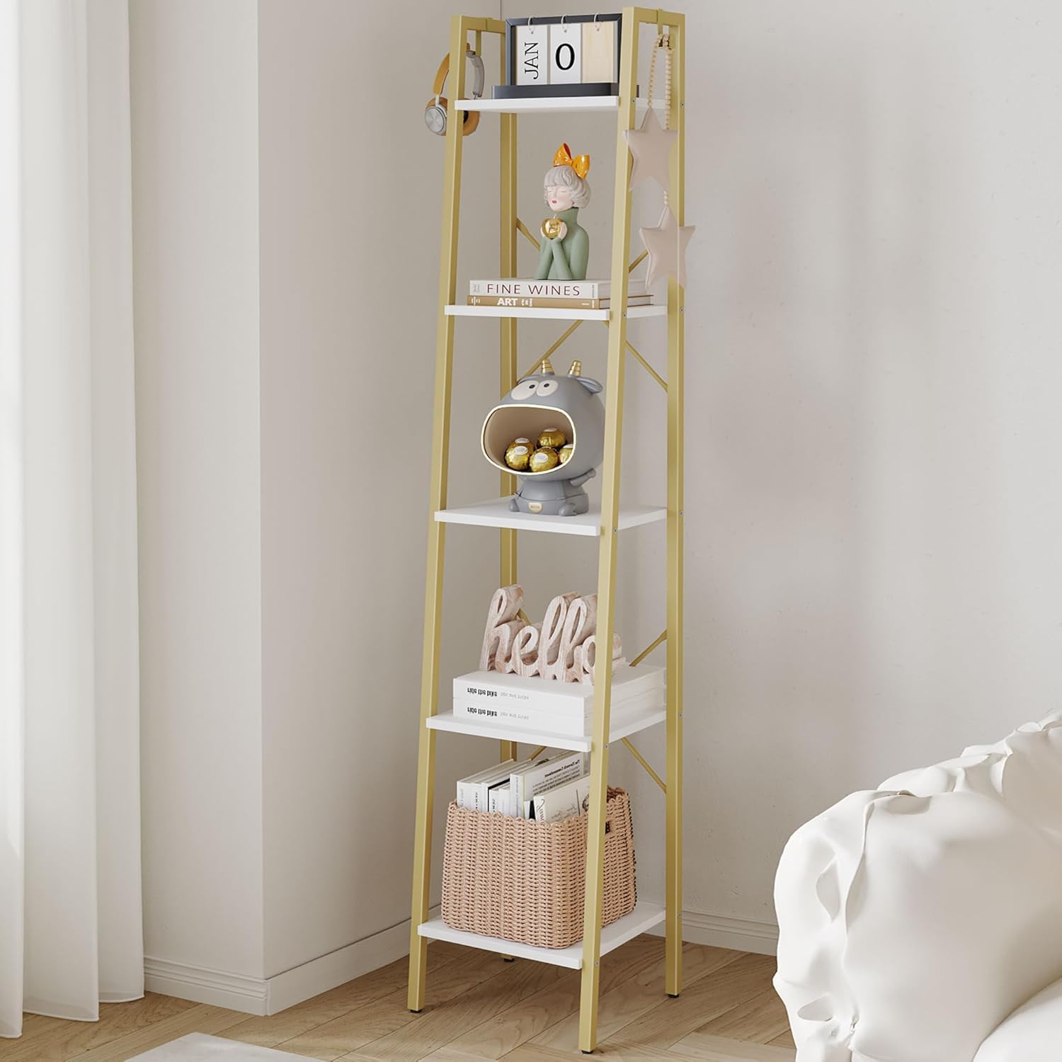 Hzuaneri Ladder Shelf, Bookshelf Bookcase, Freestanding Corner Storage Shelve with 2 Hooks for Home Office, Living Room, Kitchen, Bedroom, Industrial, 11.8" D x 13.4" W x 72.8" H,White Gold BC13313G