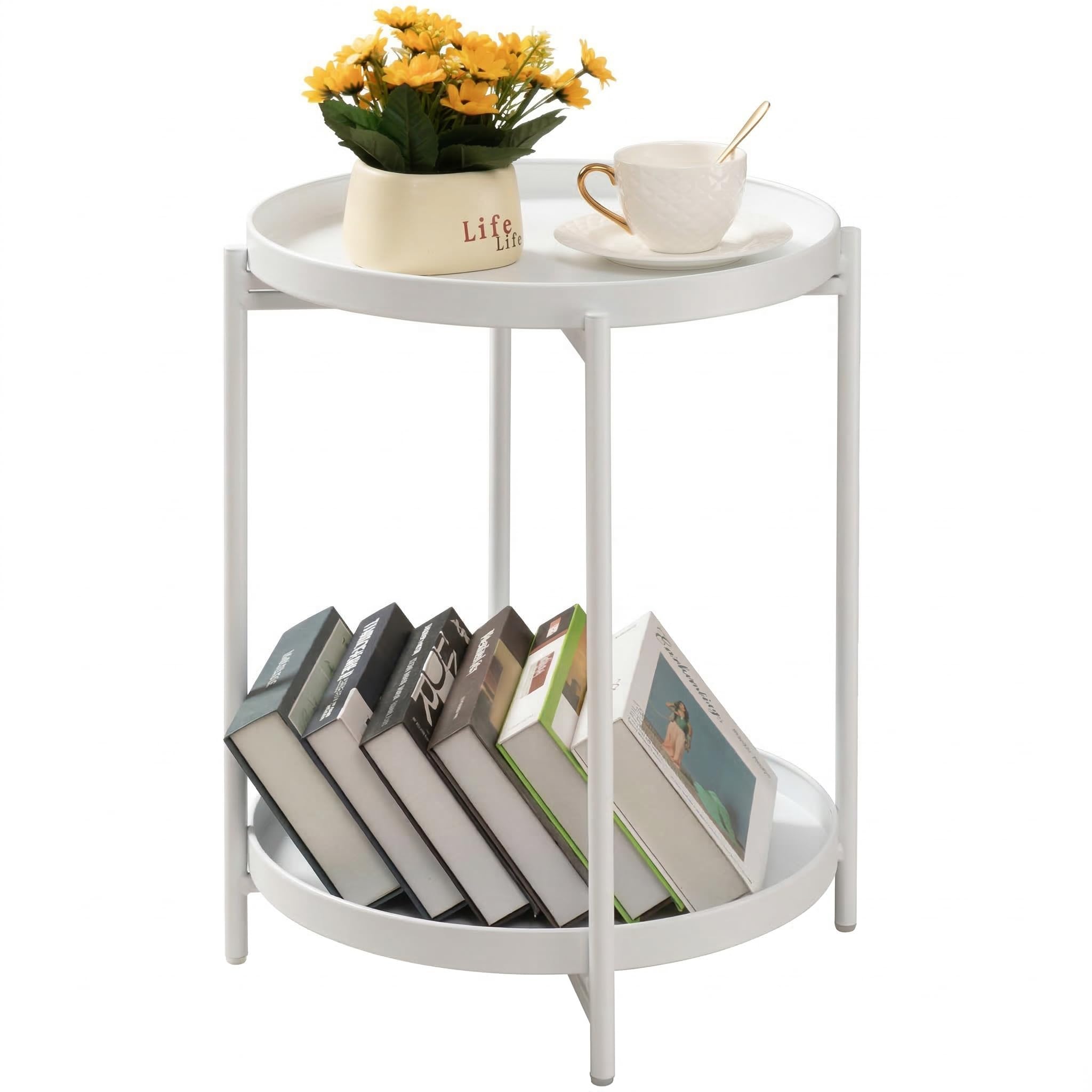 TeoKJ 2 Tier Gold Side Table, Folding Round Metal End Table Small Nightstand with Two Removable Tray for Bedroom Living Room Small Spaces Bedside Gold