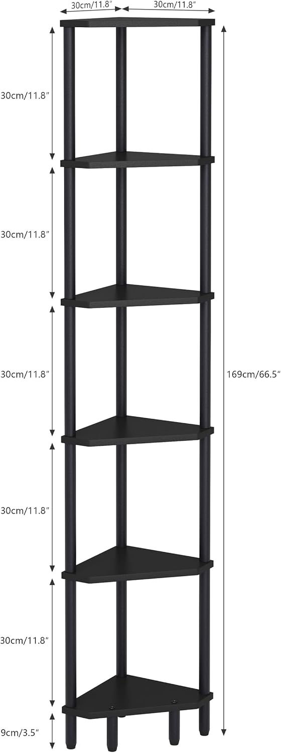 6-Tier Black Corner Shelf, Tall Display Bookshelf & Plant Stand