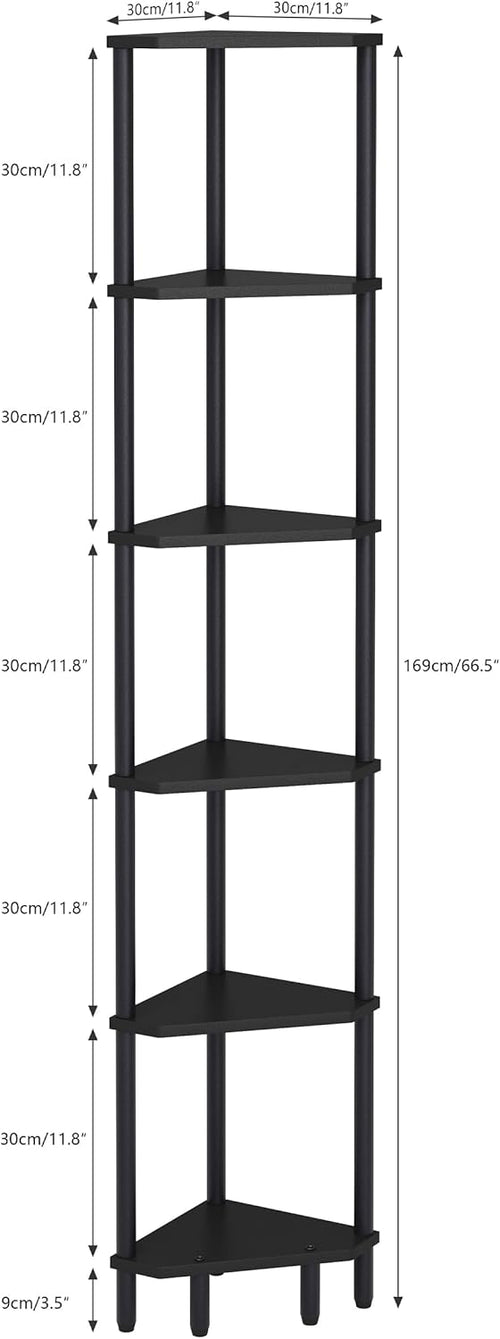 6-Tier Black Corner Shelf, Tall Display Bookshelf & Plant Stand