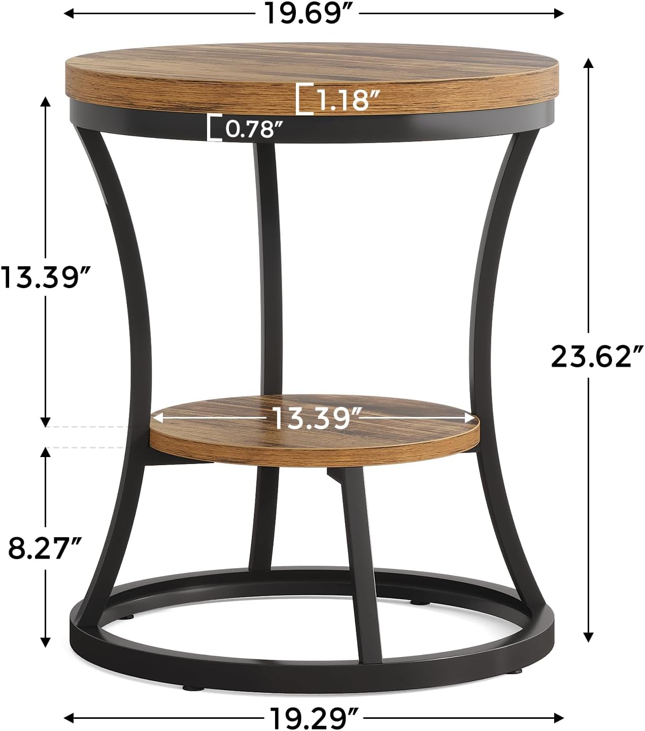 Round End Table, 2 Tier Industrial Side Table, Accent Bedside Table Nightstand with Metal Frame for Living Room, Bedroom, Small Spaces, Easy Assembly, Rustic Brown & Black