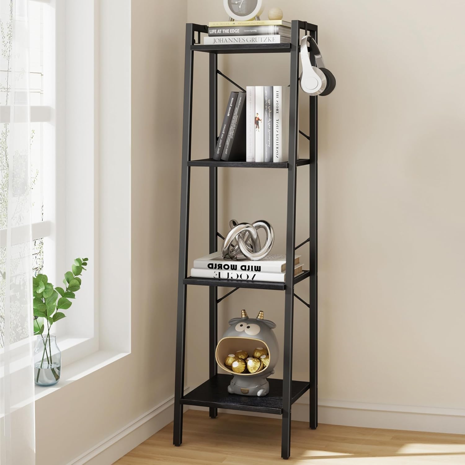 Hzuaneri Ladder Shelf, Bookshelf Bookcase, Freestanding Corner Storage Shelve with 2 Hooks for Home Office, Living Room, Kitchen, Bedroom, Industrial, 11.8" D x 13.4" W x 72.8" H,White Gold BC13313G