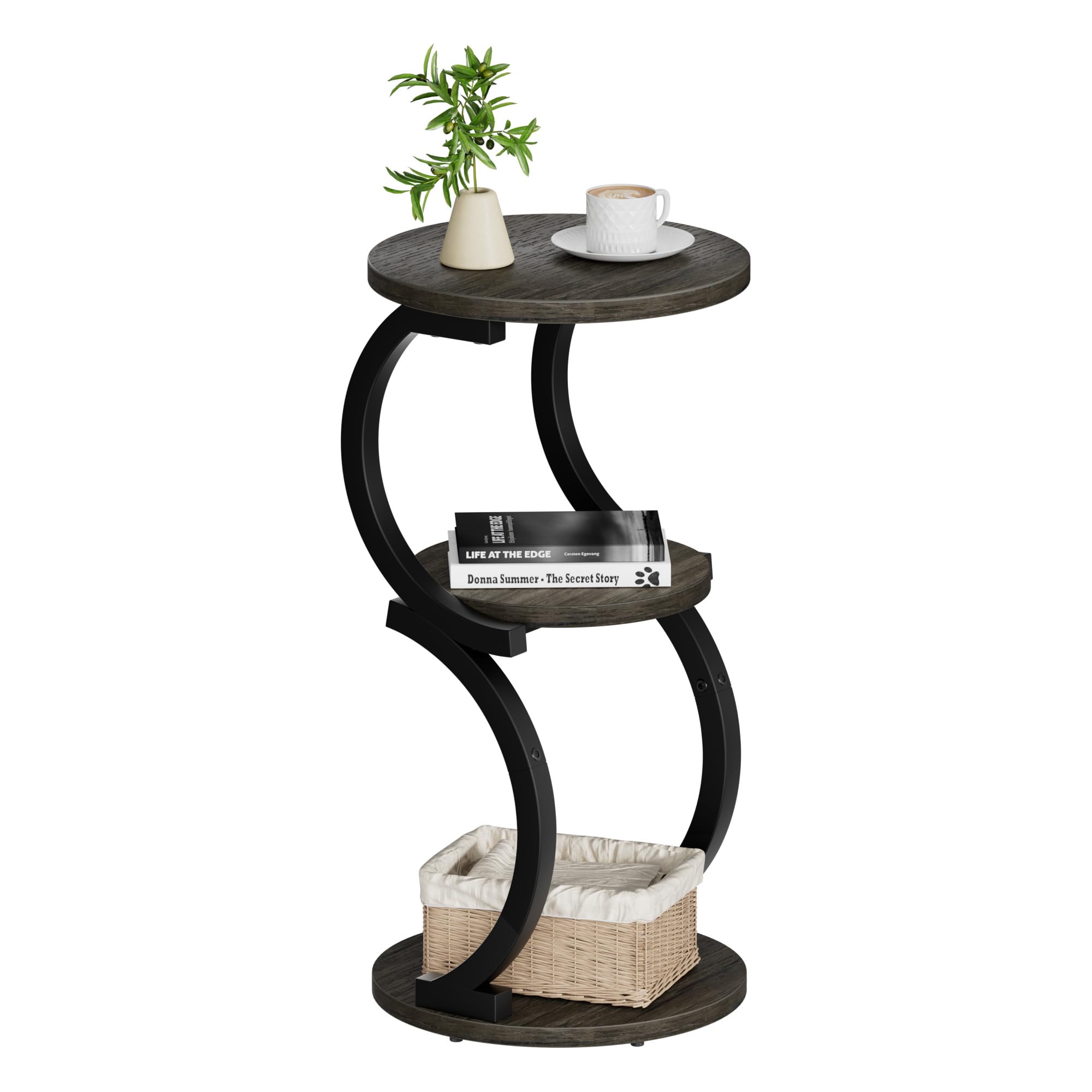 Small Side Table, 3-Tier Round End Table for Living Room, S-Shaped Accent Table for Small Spaces Sofa Couch Bedroom, Vintage Nightstand Wood Metal Coffee Table with Storage Shelf, Rustic Brown