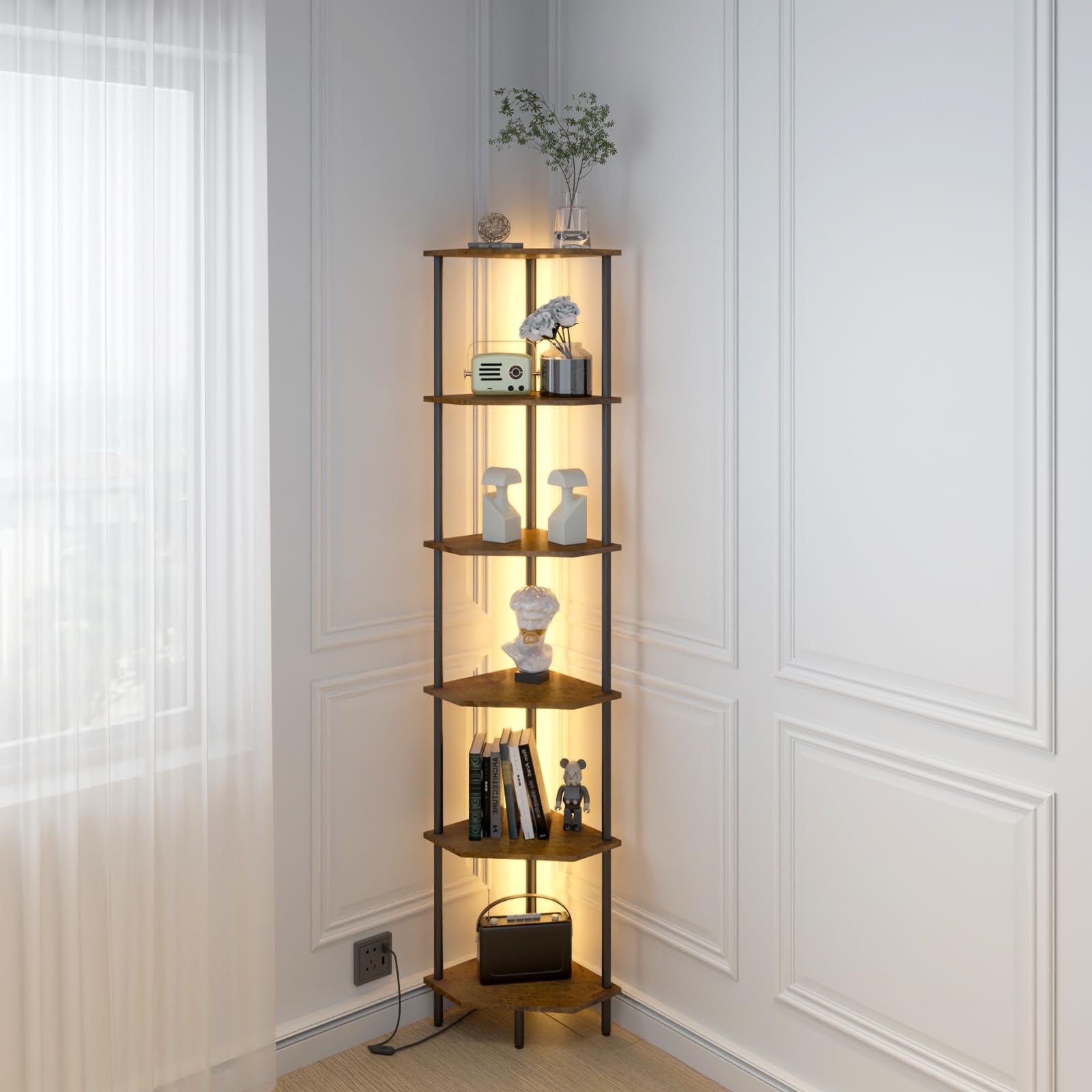 4-Tier LED Corner Shelf, Rustic Brown & Black Multi-Purpose Stand
