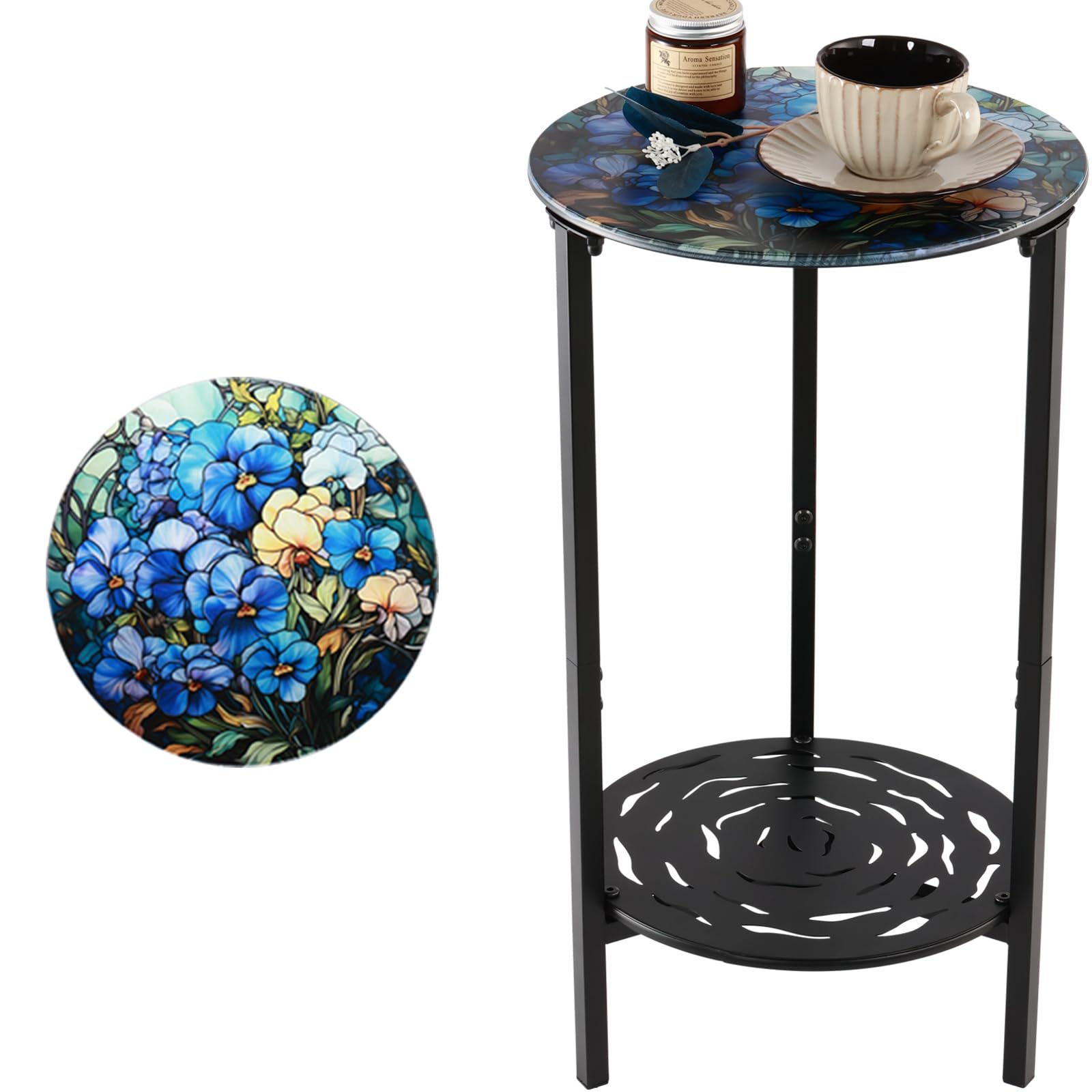 2-Tier Metal Round Side Table Black Accent Coffee Tables Small Space Corner Plant Stand Shelf for Indoor Outdoor Use Patio Balcony End Table Laser-Cut Floral Pattern Weather-Resistant