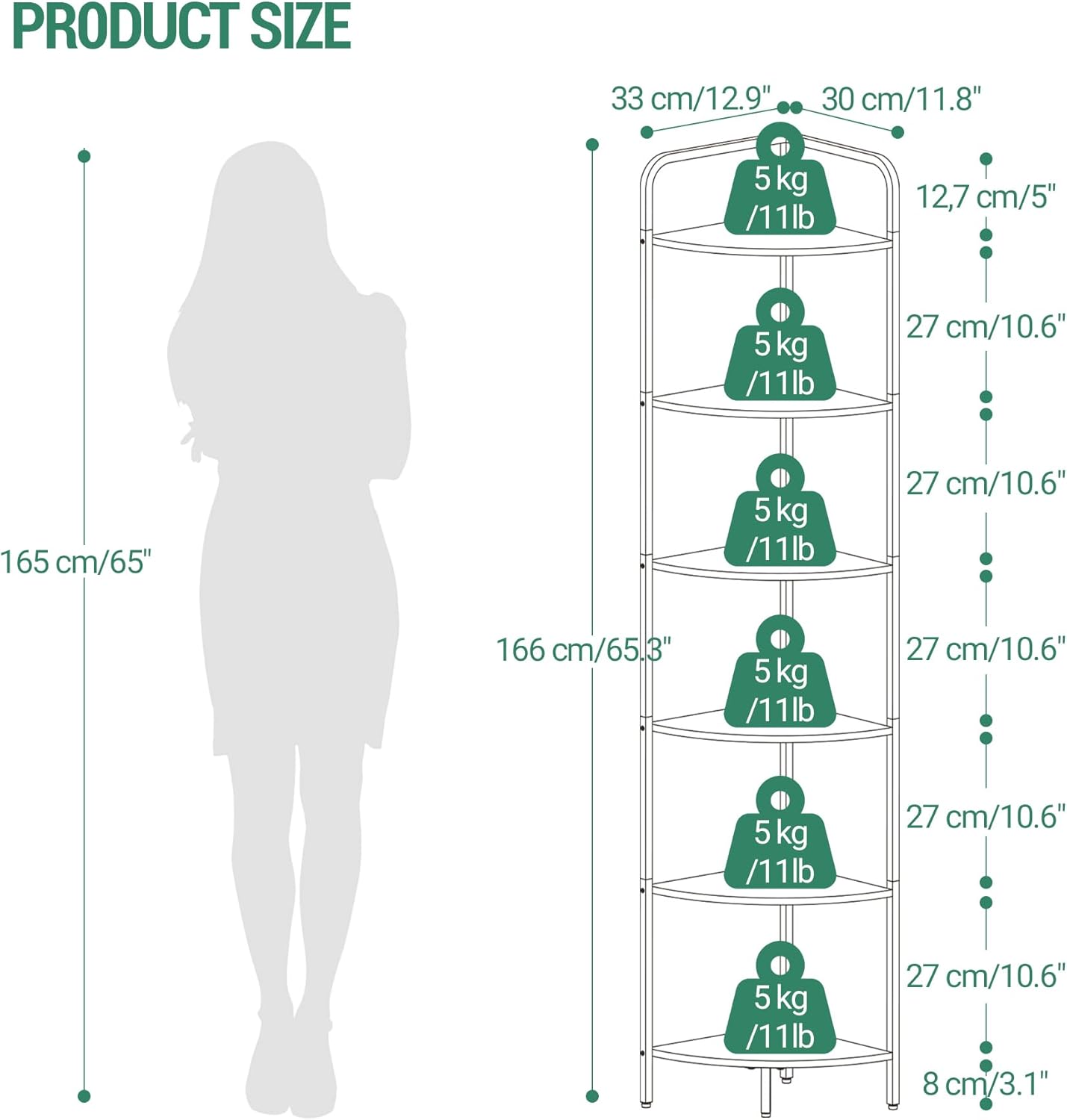 Hzuaneri Corner Shelf Stand, Corner Bookshelf, Plant Shelf, Corner Display Rack, Standing Shelf with Metal Frame for Living Room, Bathroom, Kitchen, Industrial Style, 6 Tier Black CS06604B