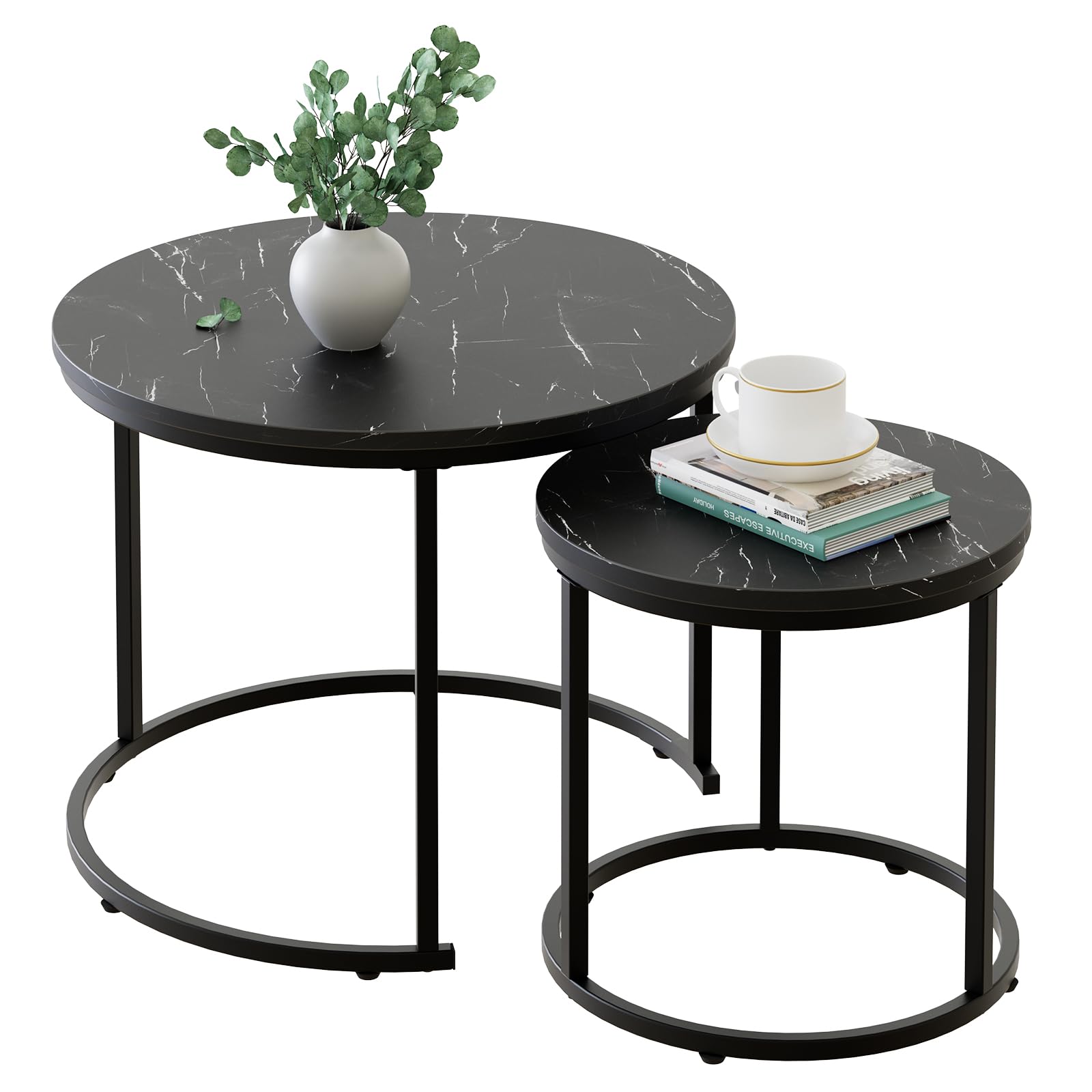 aboxoo Coffee Table Nesting Side Round Set of 2 End Table Top Sturdy Metal Frame Desk Centerpiece Living Room Bedroom Apartment Modern Industrial Simple Nightstand