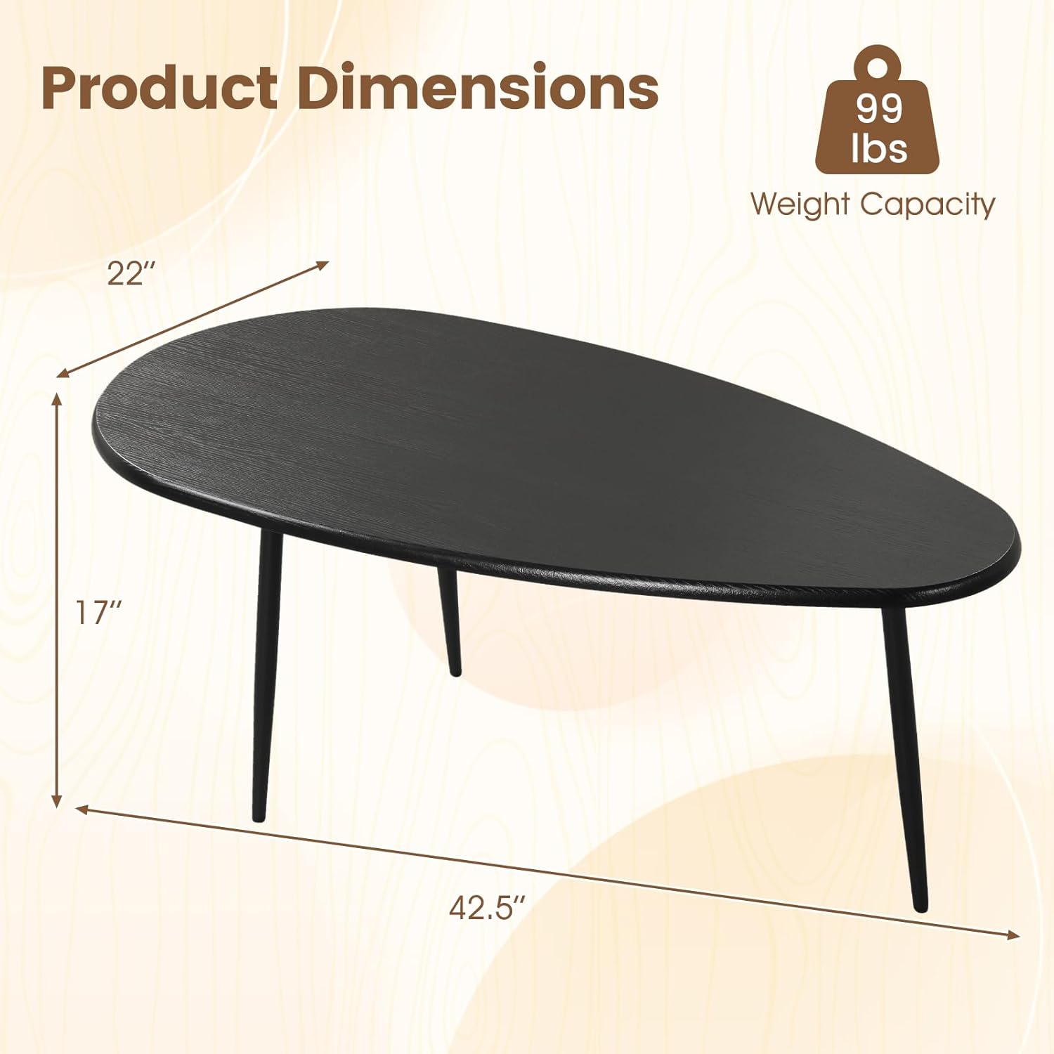 Giantex Oval Coffee Table, Mid Century Modern Center Table with Sturdy Metal Frame and Compact Design, Vintage Accent Cocktail Tea Table, Wood Living Room Tables for Small Spaces (Black)