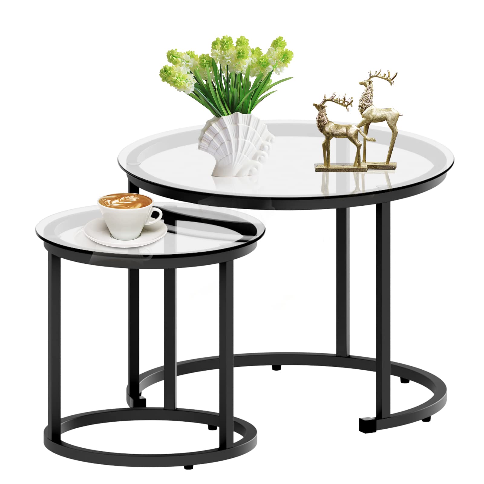 aboxoo Coffee Table Nesting Side Round Set of 2 End Table Top Sturdy Metal Frame Desk Centerpiece Living Room Bedroom Apartment Modern Industrial Simple Nightstand