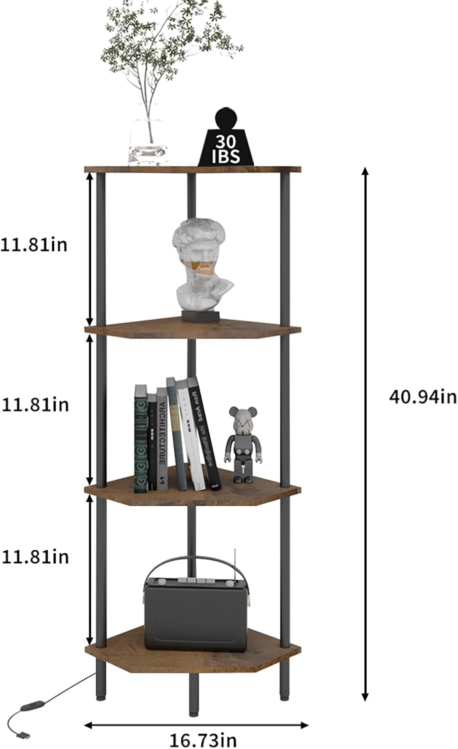 4-Tier LED Corner Shelf, Rustic Brown & Black Multi-Purpose Stand